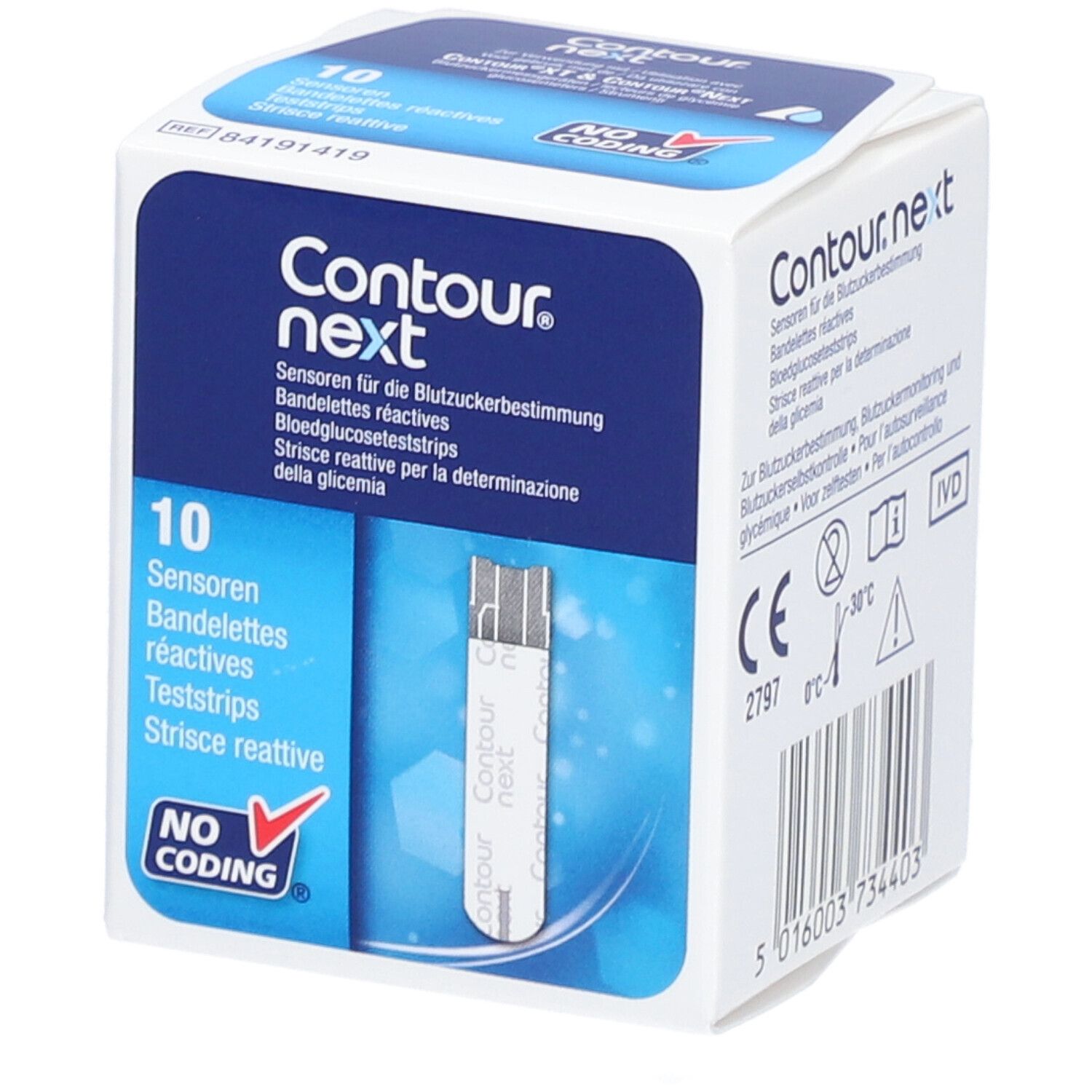 Karton mit 10 Sensoren. Aufschrift: Contour next. Für Blutzuckermessung. Mit Teststreifen. CE-Kennzeichnung.