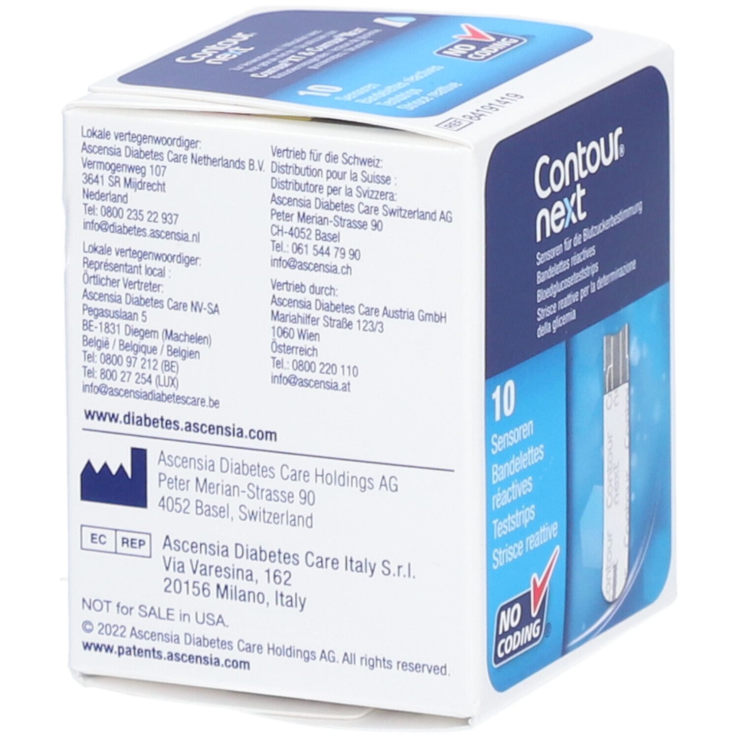 Karton mit Herstellerinformationen. Aufschrift: Contour next. Für Blutzuckermessung. Mit Teststreifen. Ascensia Diabetes Care.