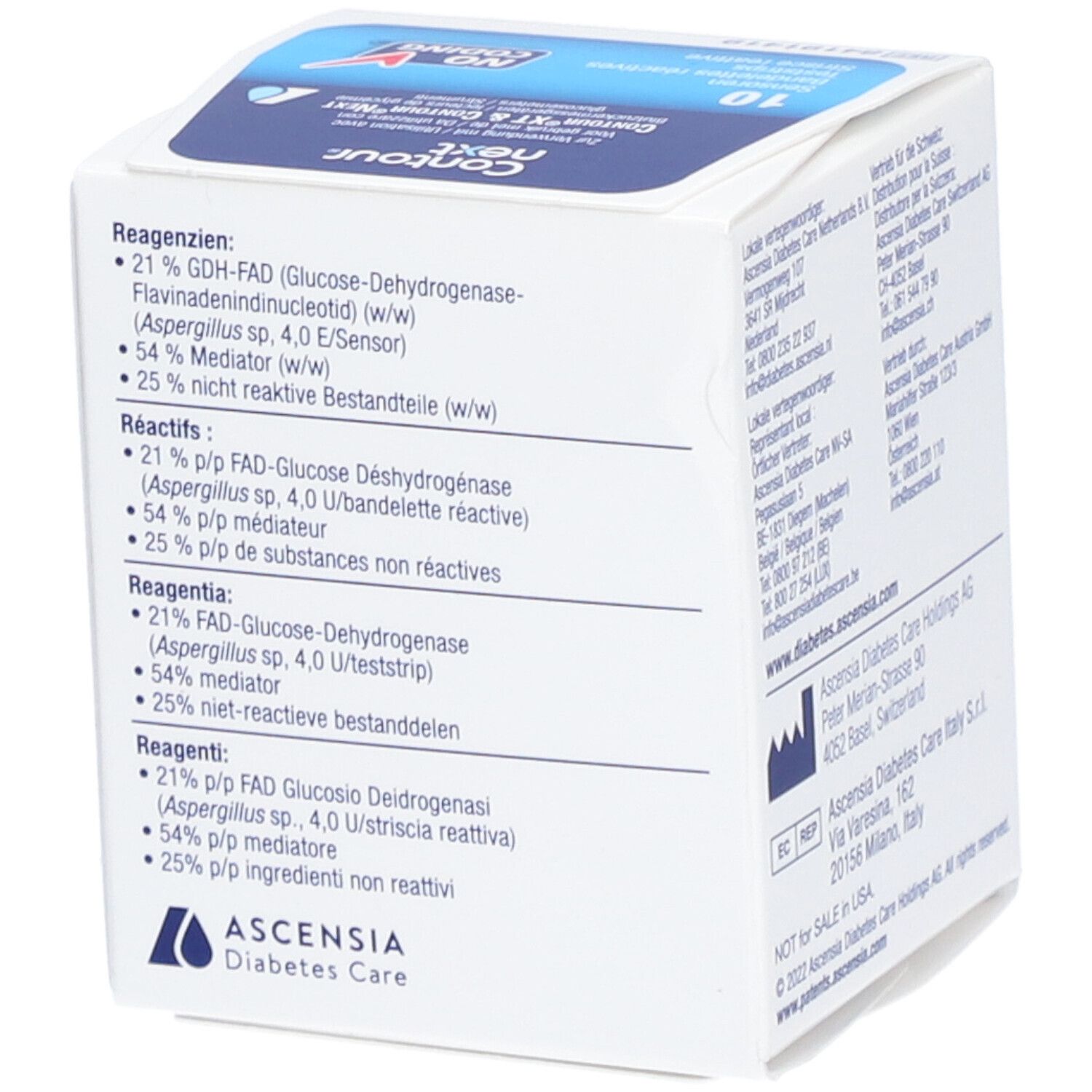 Karton mit Inhaltsangaben. Aufschrift: Contour next. Für Blutzuckermessung. Mit Teststreifen. Ascensia Diabetes Care.
