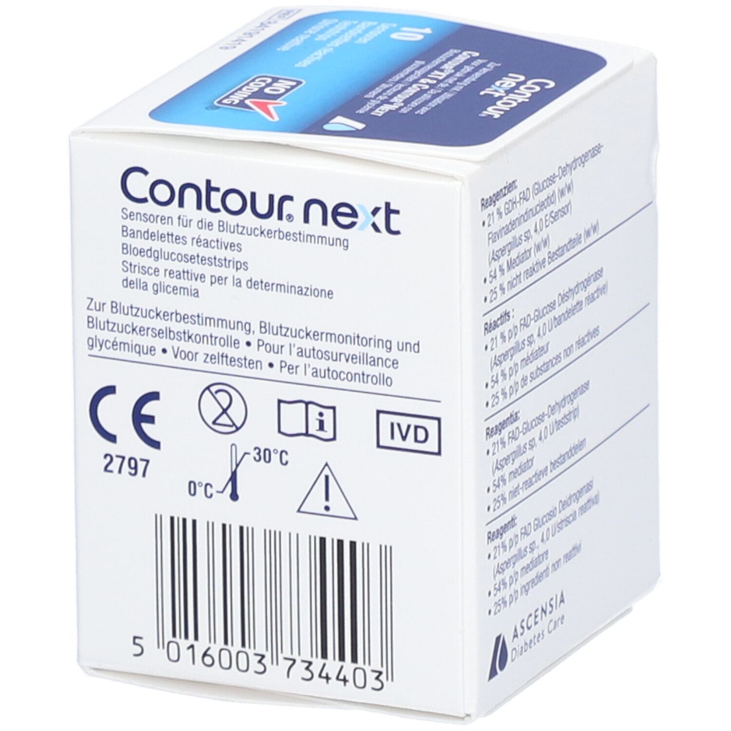 Karton mit Informationen. Aufschrift: Contour next. Für Blutzuckermessung. Mit Teststreifen. CE-Kennzeichnung.