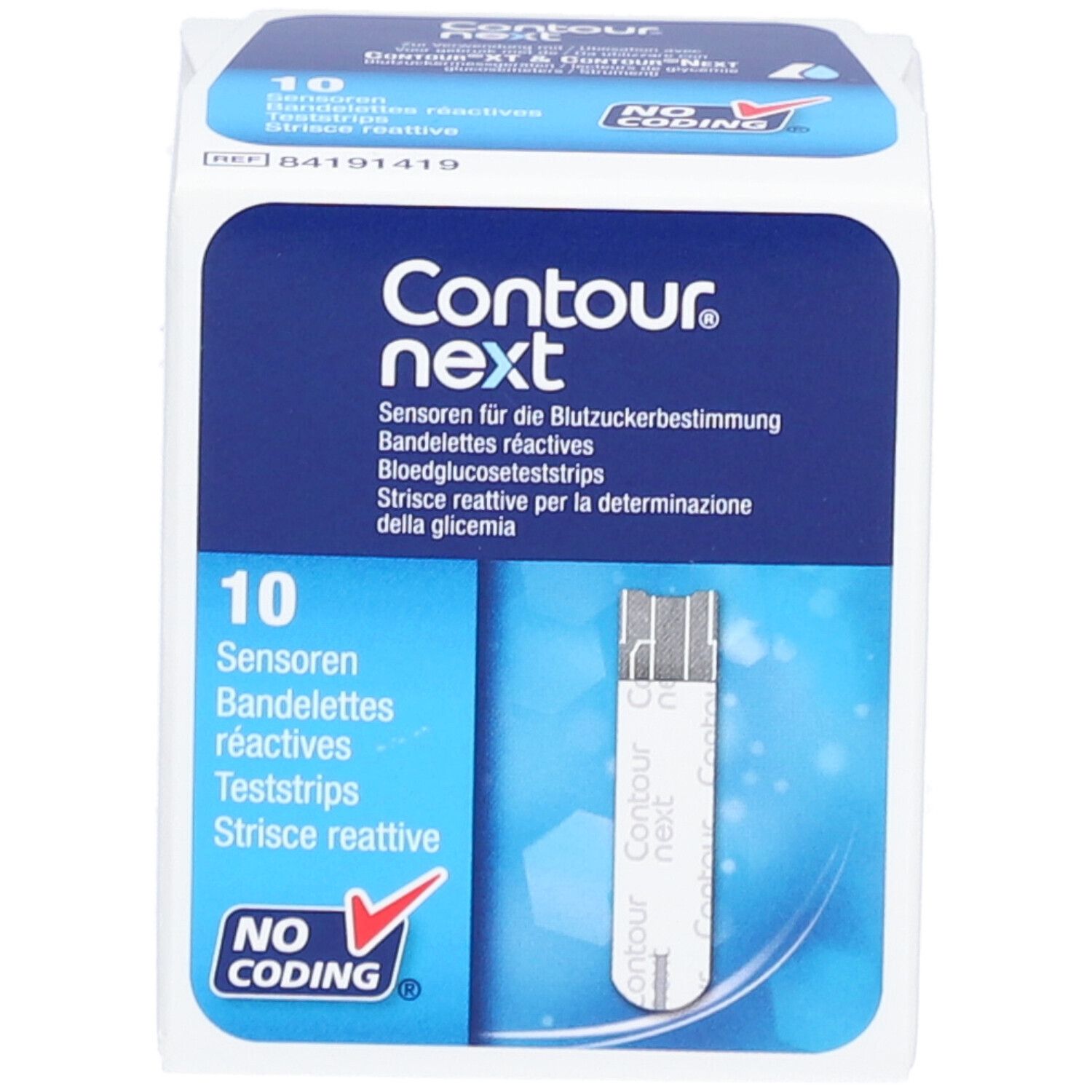 Karton mit 10 Sensoren. Aufschrift: Contour next. Für Blutzuckermessung. Mit Teststreifen. Keine Codierung.