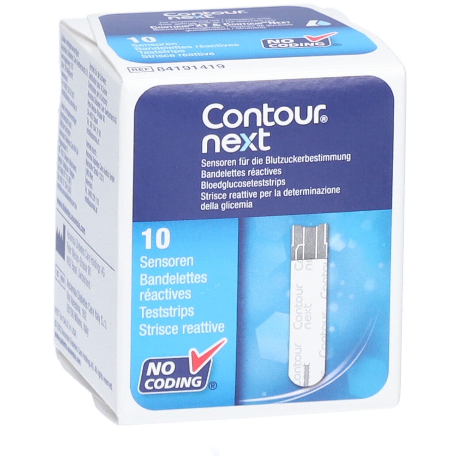 Karton mit 10 Sensoren. Aufschrift: Contour next. Für Blutzuckermessung. Mit Teststreifen. Keine Codierung.