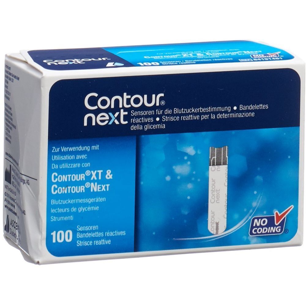 Verpackung von Contour Next Teststreifen. Blaue und weiße Schachtel mit Produktnamen und 100 Streifen.