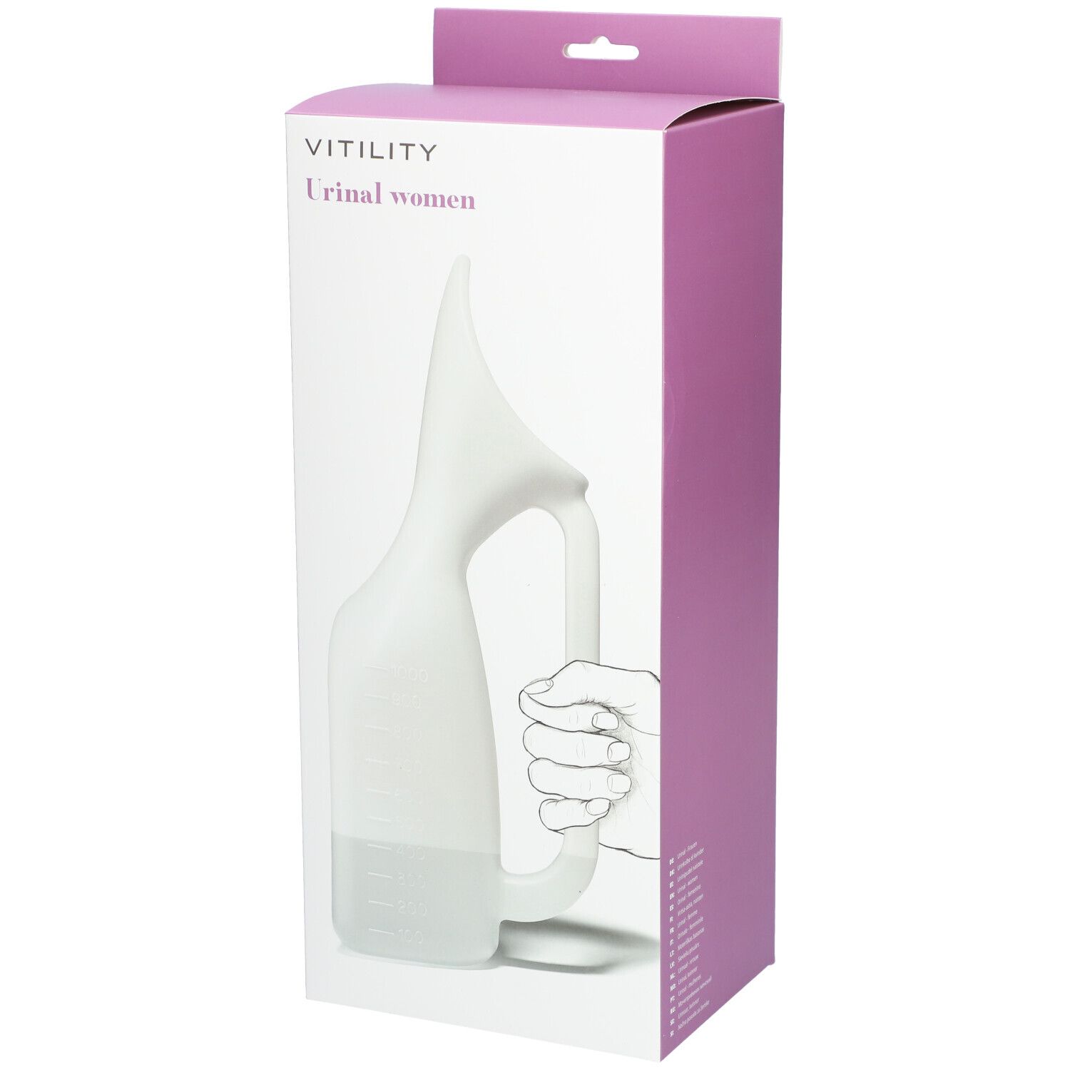 Verpackung mit einem weißen Urinal für Frauen. Aufdruck: VITILITY, Urinal women. Illustration einer Hand, die das Urinal hält.
