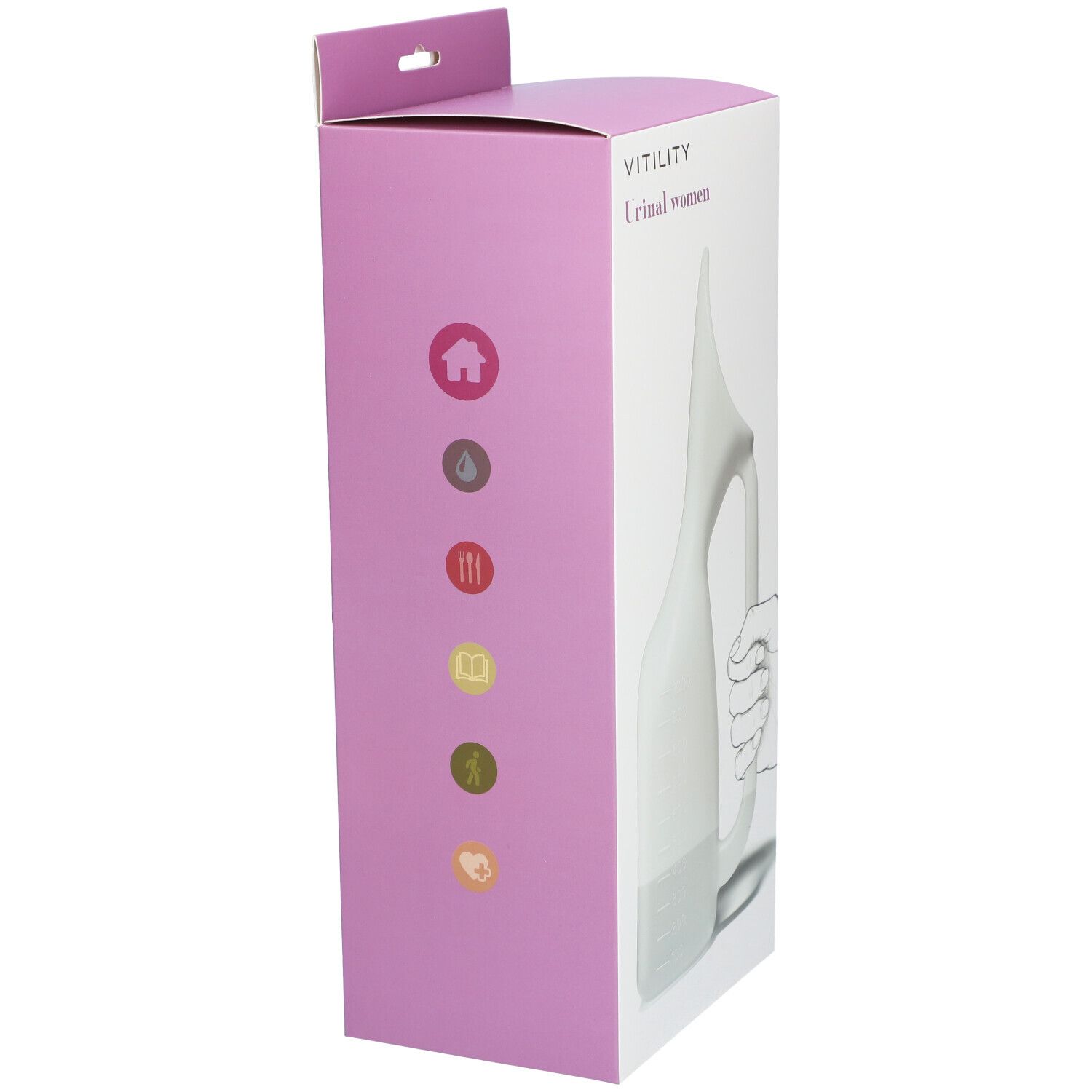 Seitenansicht der Verpackung des Urinals für Frauen. Aufdruck: VITILITY, Urinal women. Lila Hintergrund mit Symbolen.