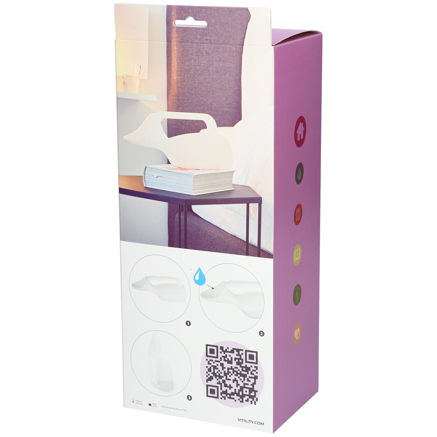 Rückseite der Verpackung des Urinals für Frauen. Illustrationen: Anwendung, QR-Code. Hintergrund: Tisch mit Büchern.