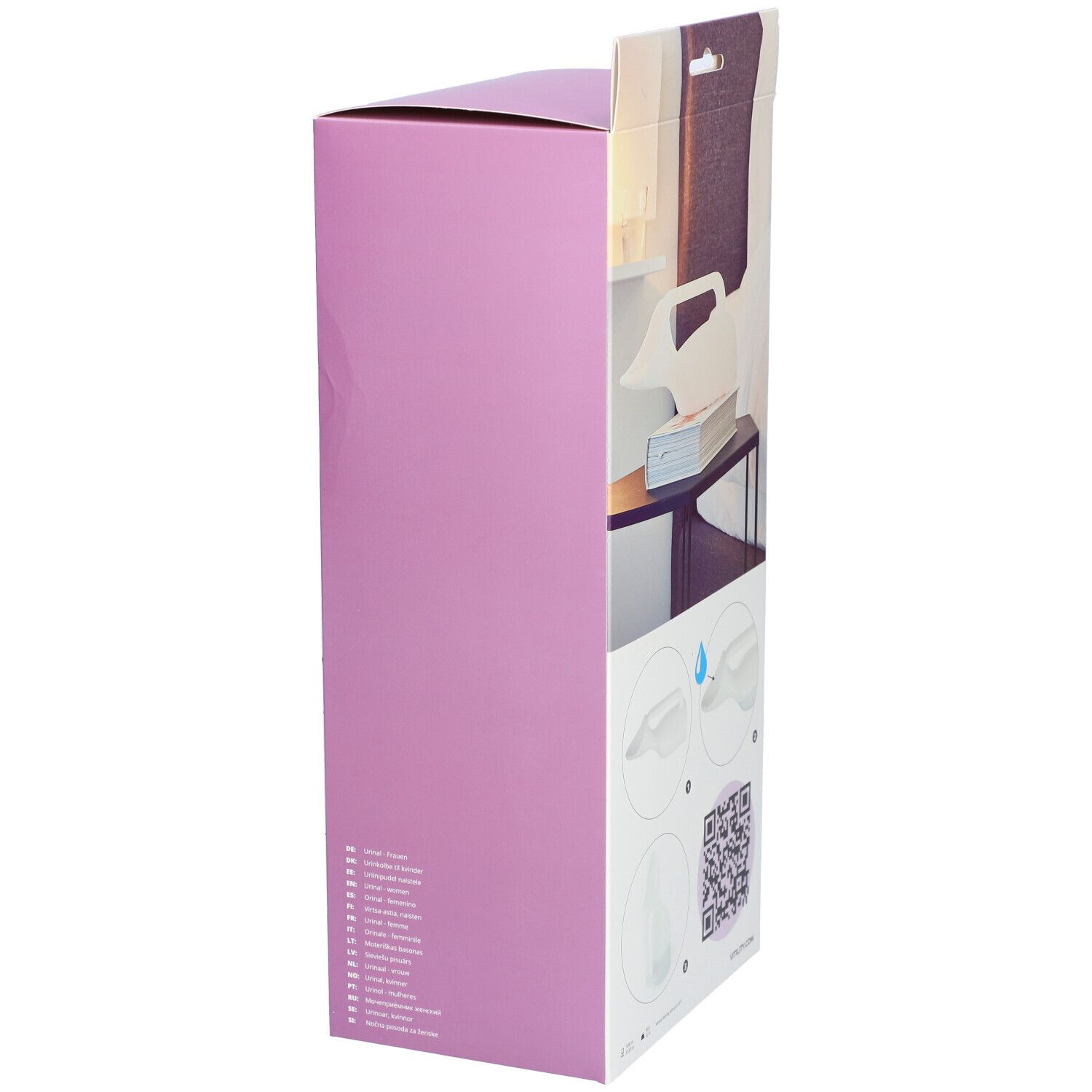 Seitenansicht der Verpackung des Urinals für Frauen. Illustrationen: Anwendung, QR-Code. Lila Hintergrund.