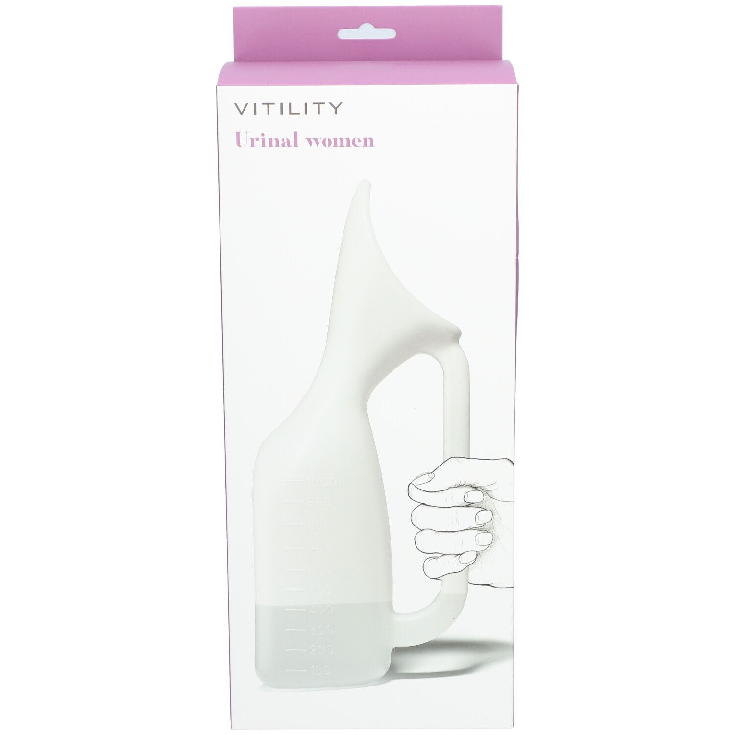 Verpackung mit einem weißen Urinal für Frauen. Aufdruck: VITILITY, Urinal women. Illustration einer Hand, die das Urinal hält.