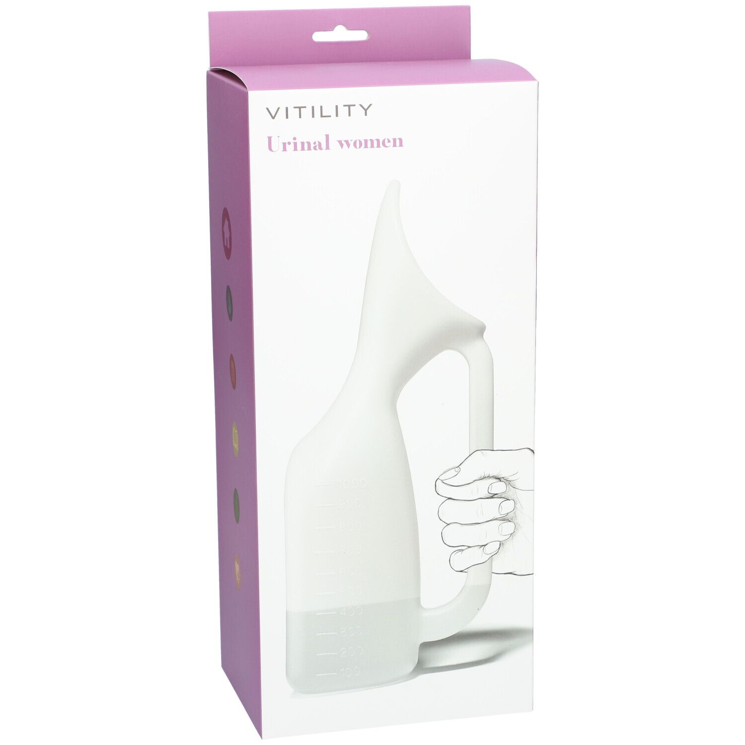 Verpackung mit einem weißen Urinal für Frauen. Aufdruck: VITILITY, Urinal women. Illustration einer Hand, die das Urinal hält.