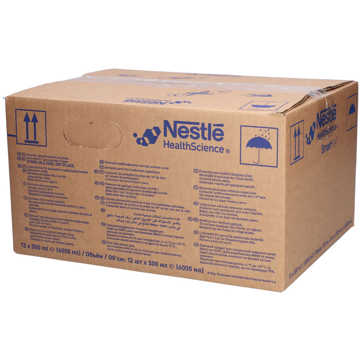 Karton mit NESTLE HealthScience. Mehrsprachiger Text und Symbole. Aufschrift: 12 x 500 ml.