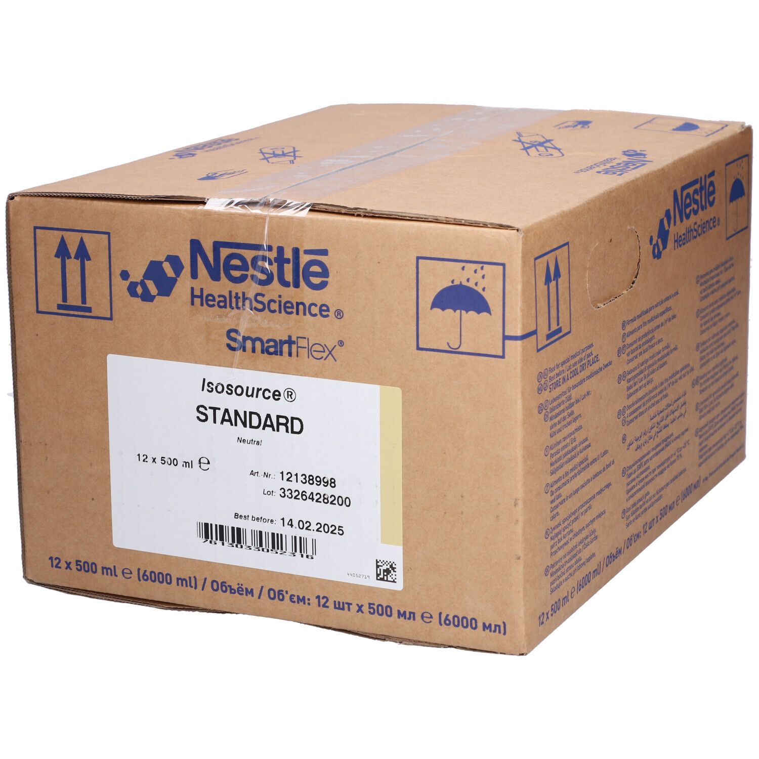 Karton mit NESTLE Isosource® STANDARD. Aufschrift: 12 x 500 ml. Haltbarkeitsdatum: 14.02.2025.