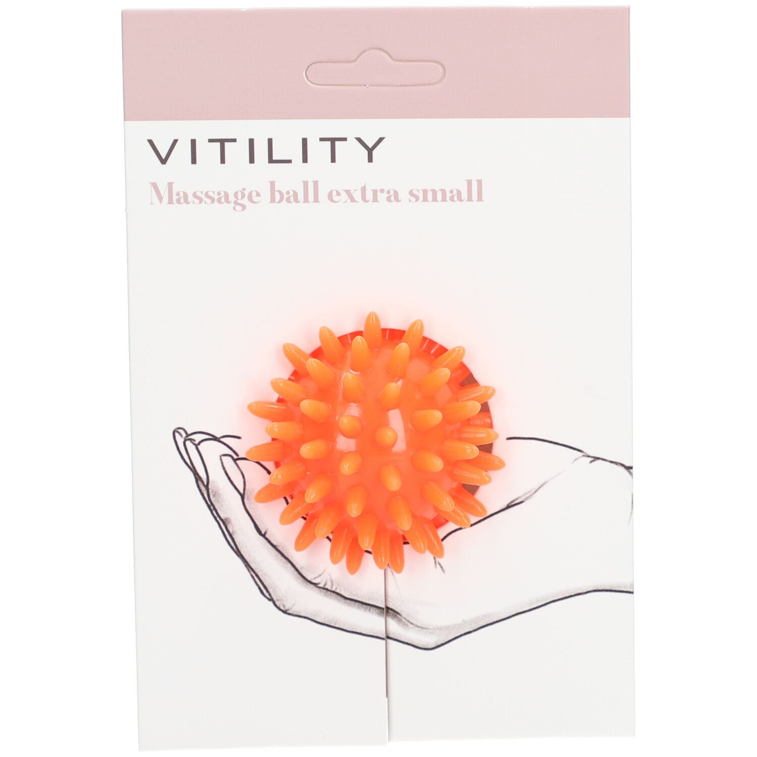 VITILITY Massageball, orange mit Noppen, in Verpackung. "Massage ball extra small" steht auf der Verpackung.