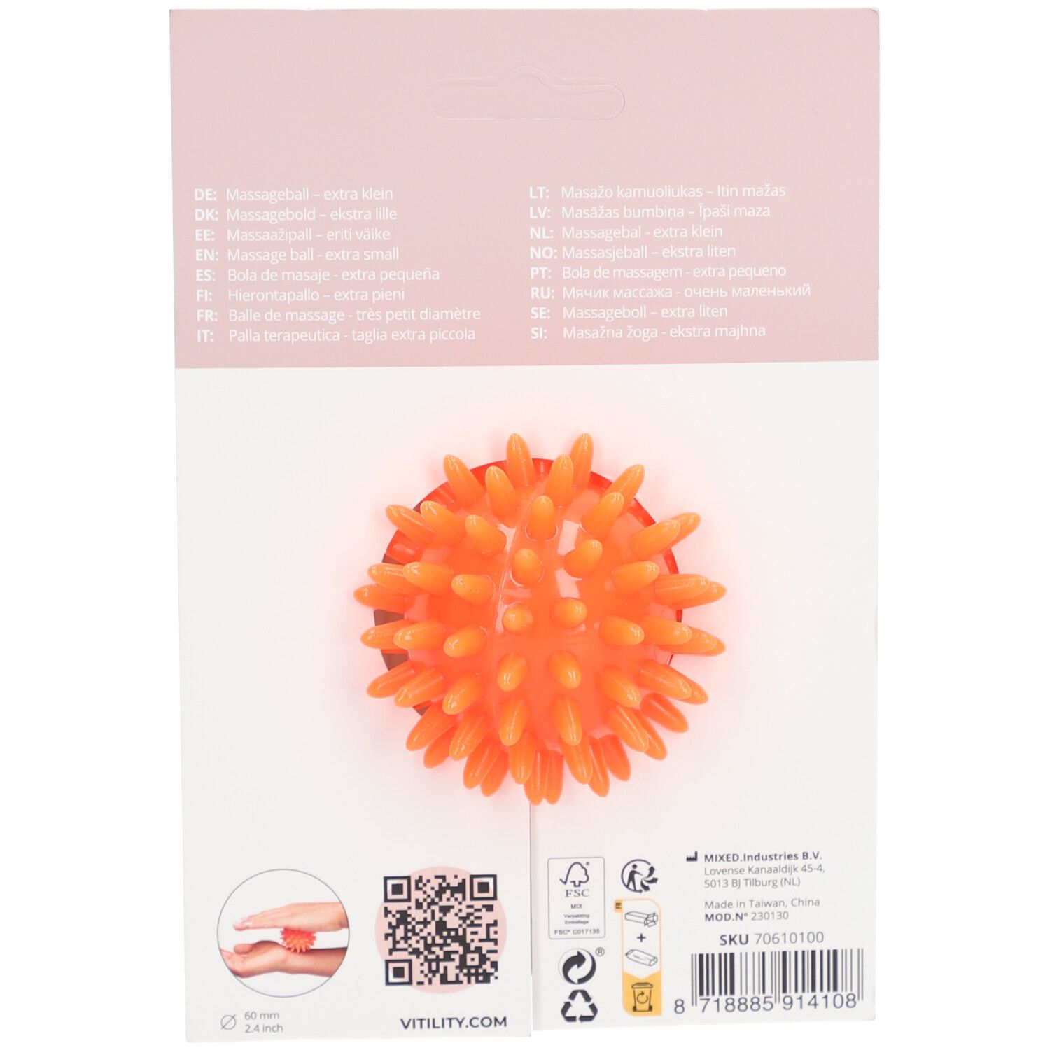 Rückseite der Verpackung mit orangefarbenem Massageball. Text in mehreren Sprachen, QR-Code und Zertifizierungen.