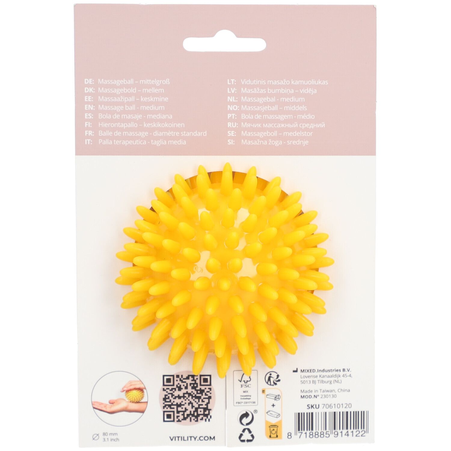 Gelbe Massagekugel mit Noppen. Rückseite der Verpackung mit Produktinformationen und VITILITY-Logo.