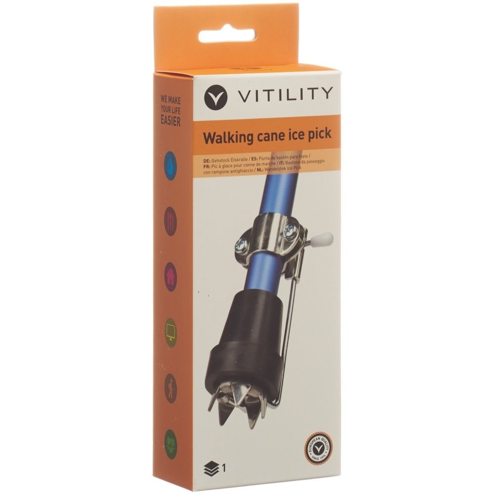 Verpackung mit einem VITILITY Pic à glace antidérapant. Der Eisspickel ist an einem blauen Stock befestigt und hat eine schwarze Spitze.