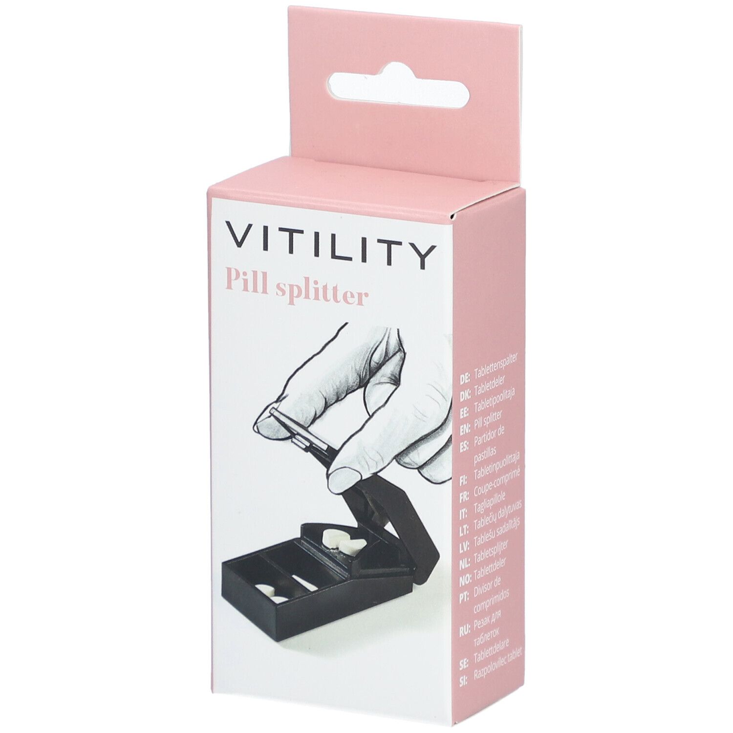 Rosa Verpackung mit VITILITY Pillenspalter. Illustration einer Hand, die Tabletten teilt. Schwarzer Tablettenspalter im Inneren.