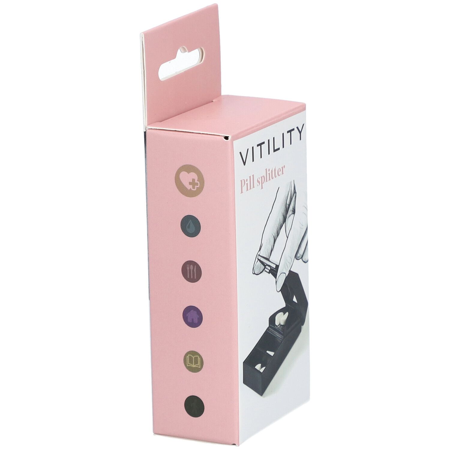 Rosa Verpackung mit VITILITY Pillenspalter. Seitenansicht mit Symbolen. Schwarzer Tablettenspalter im Inneren.