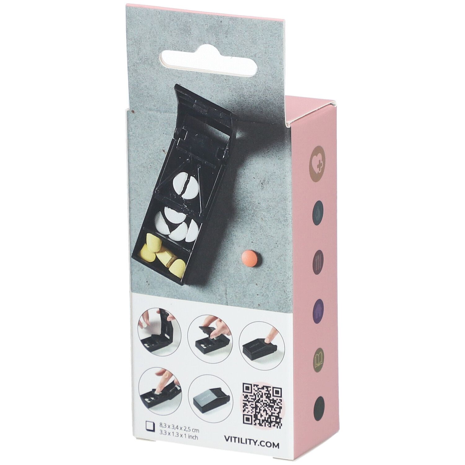 Rückseite der rosa Verpackung mit VITILITY Pillenspalter. Schwarzer Tablettenspalter mit Tabletten. QR-Code und Illustrationen.
