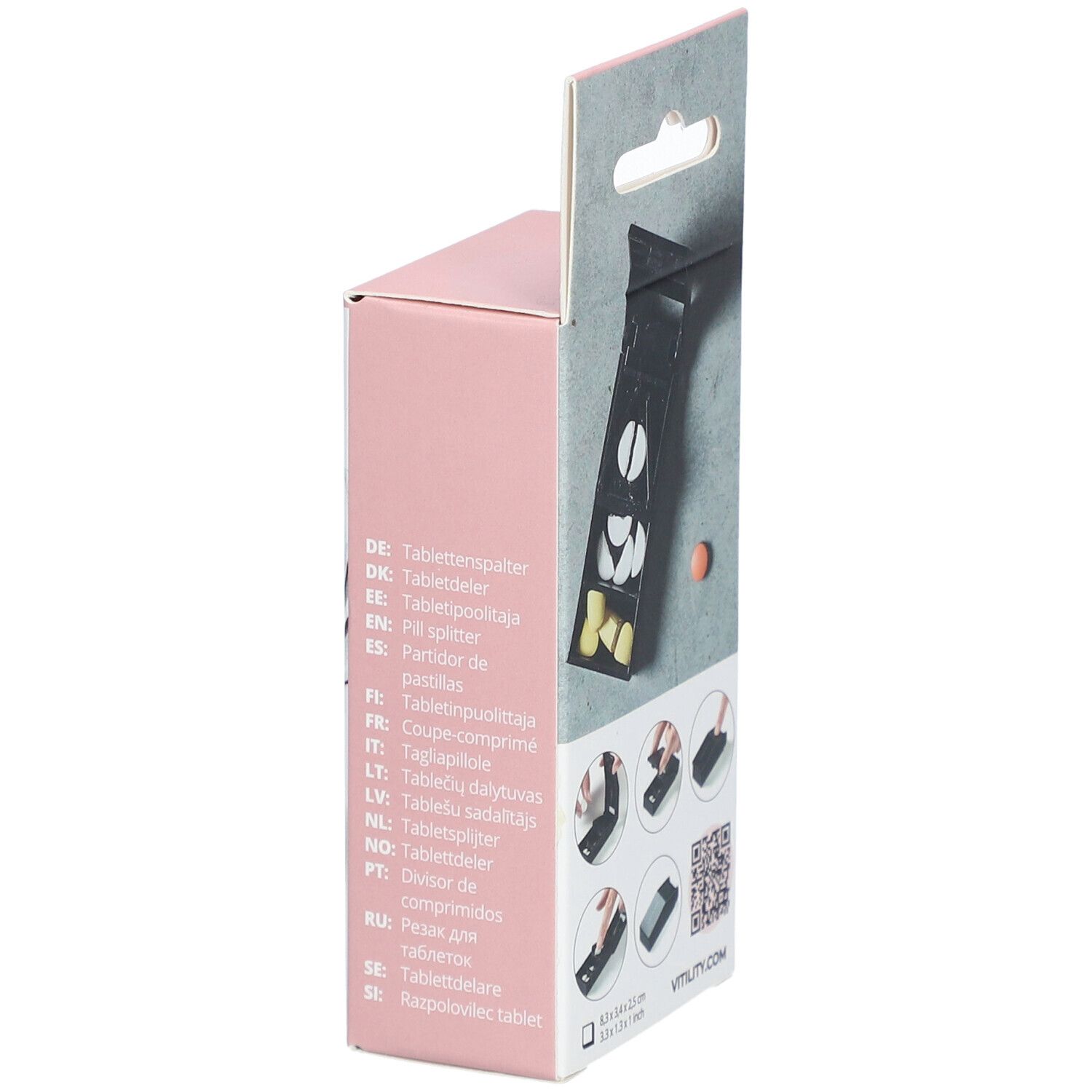 Seitenansicht der rosa Verpackung mit VITILITY Pillenspalter. Schwarzer Tablettenspalter mit Tabletten. Text in mehreren Sprachen.