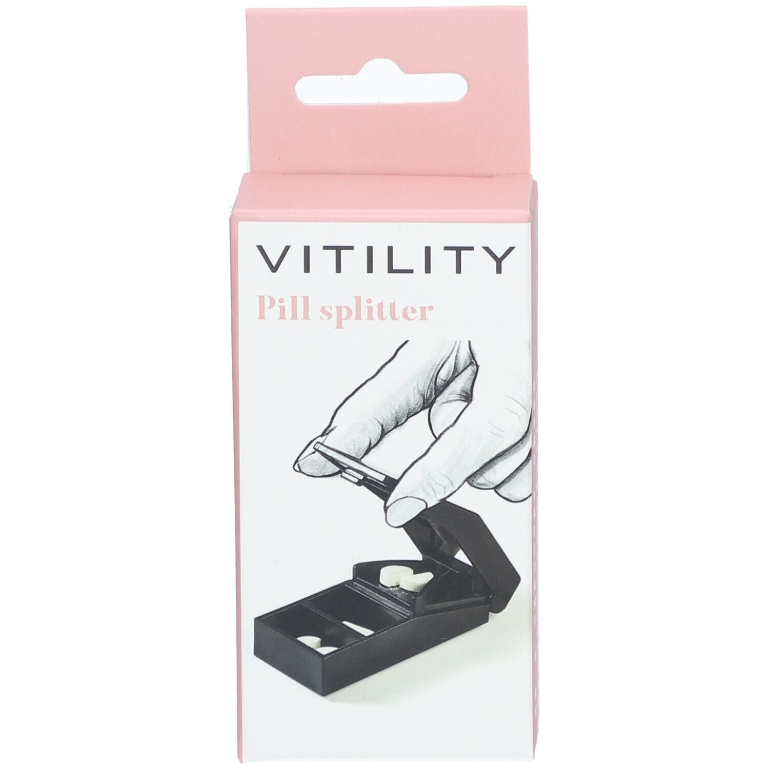 Rosa Verpackung mit VITILITY Pillenspalter. Illustration einer Hand, die Tabletten teilt. Schwarzer Tablettenspalter im Inneren.