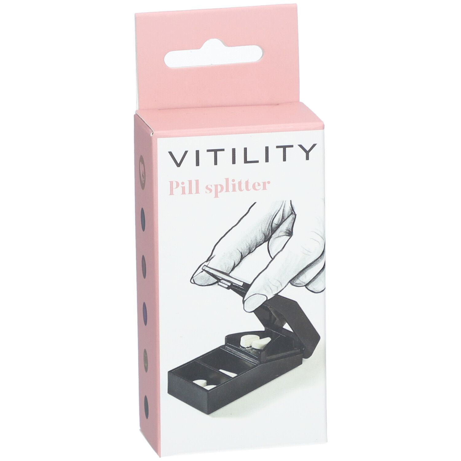 Rosa Verpackung mit VITILITY Pillenspalter. Illustration einer Hand, die Tabletten teilt. Schwarzer Tablettenspalter im Inneren.
