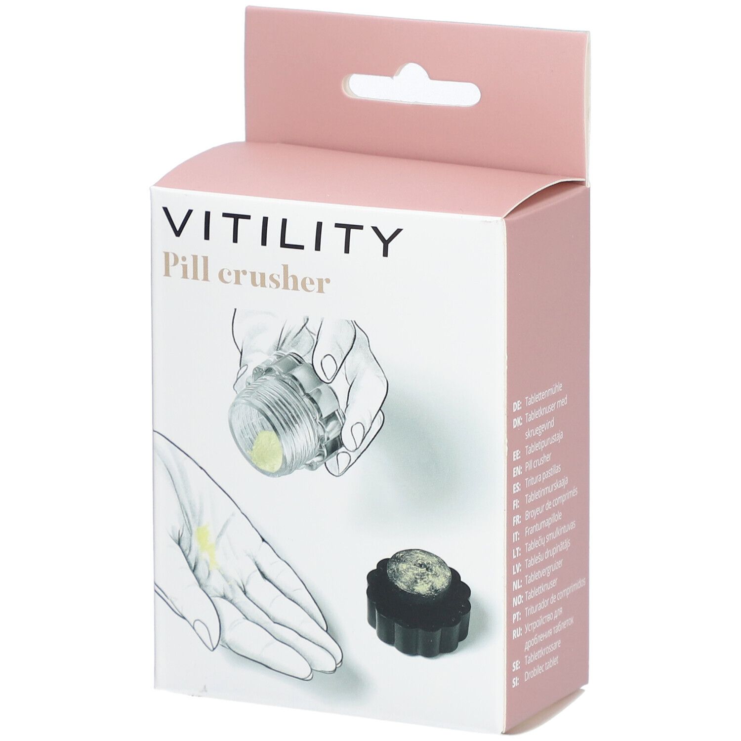 Boîte de broyeur de comprimés VITILITY. Illustrations du produit et de son utilisation. Texte en anglais.