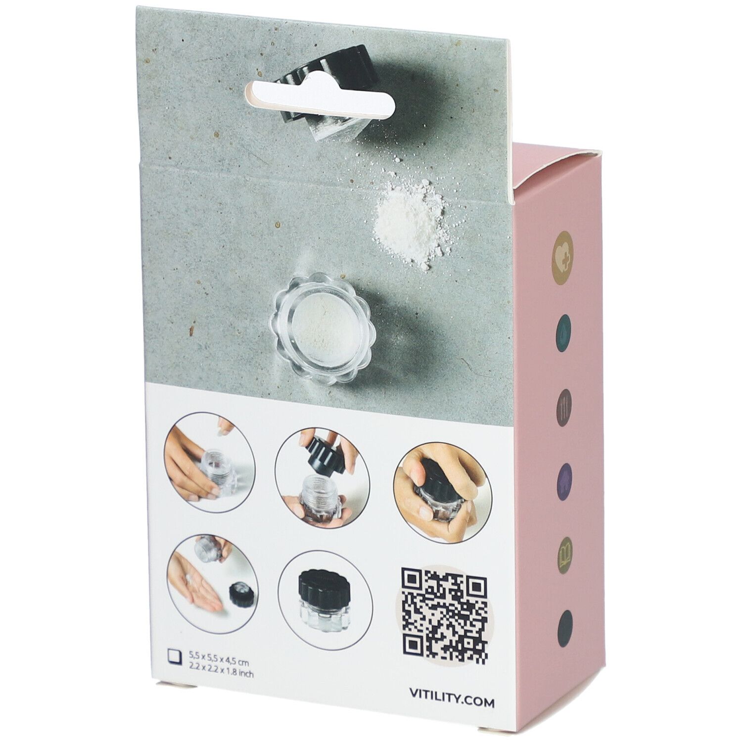 Dos de la boîte d'un broyeur de comprimés. Illustrations d'utilisation. Code QR et nom du produit VITILITY.