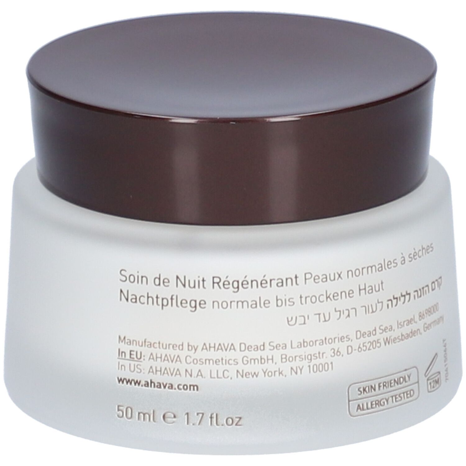 Rückseite eines Creme-Glases mit braunem Deckel. Text in mehreren Sprachen. Aufschrift: 50 ml e 1.7 fl.oz, SKIN FRIENDLY, ALLERGY TESTED.