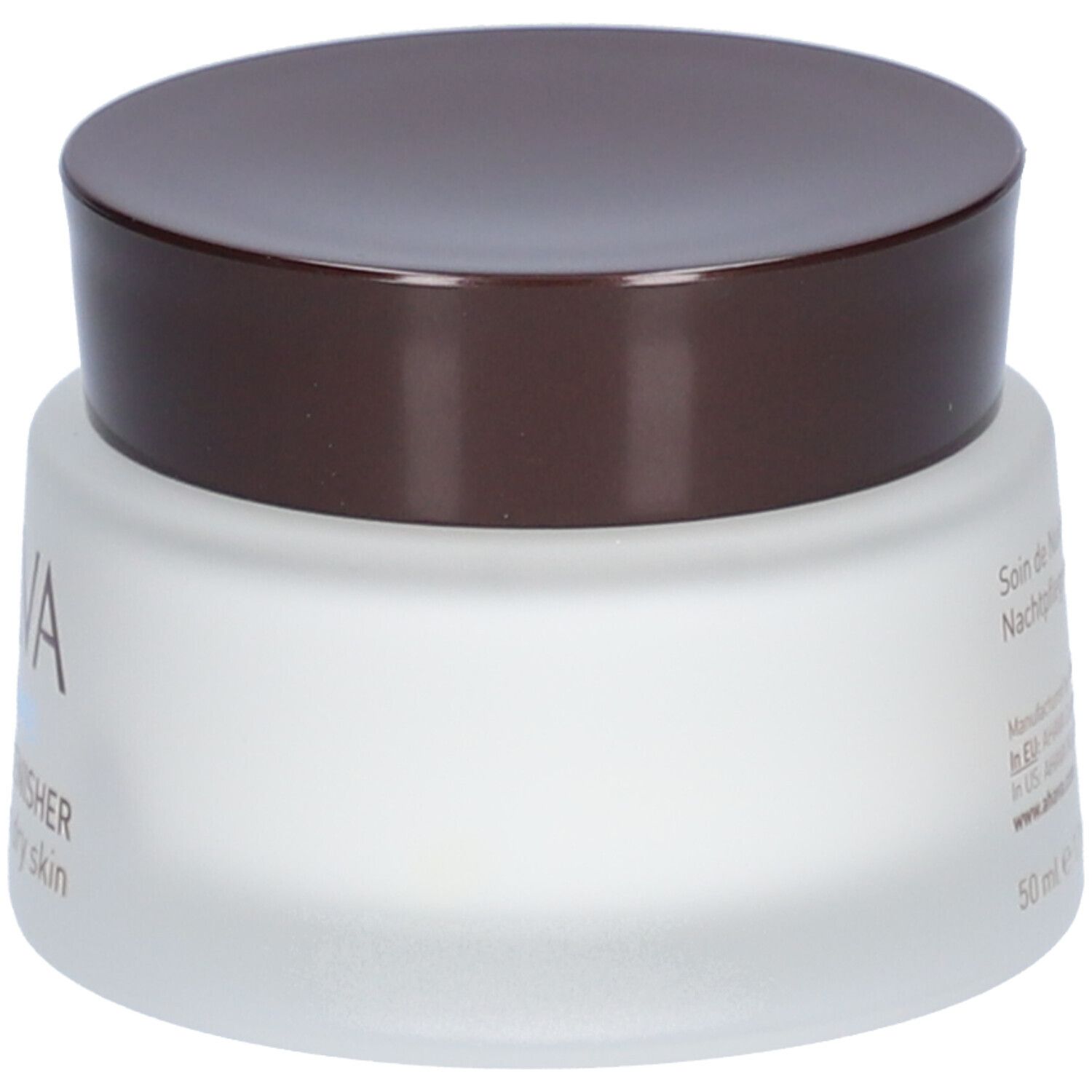Creme-Glas mit braunem Deckel. Aufschrift: AHAVA, TIME TO HYDRATE, NIGHT REPLENISHER, for normal to dry skin.
