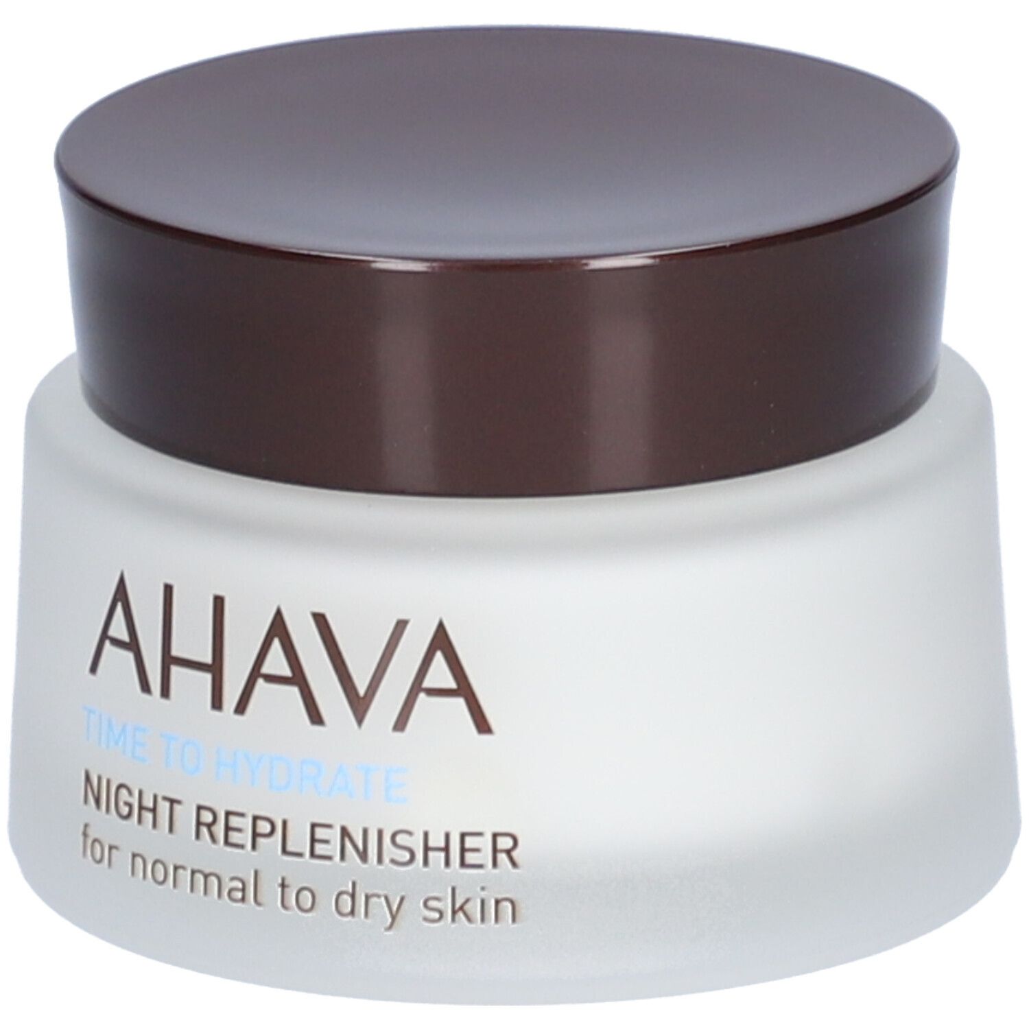 Creme-Glas mit braunem Deckel. Aufschrift: AHAVA, TIME TO HYDRATE, NIGHT REPLENISHER, for normal to dry skin.