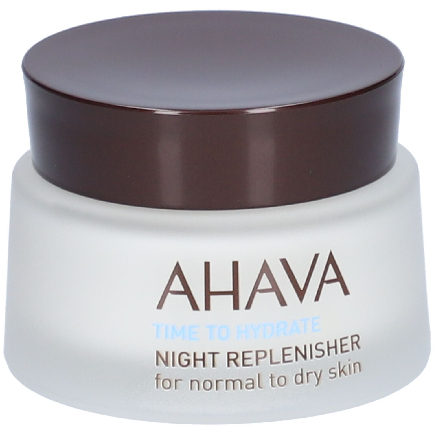 Creme-Glas mit braunem Deckel. Aufschrift: AHAVA, TIME TO HYDRATE, NIGHT REPLENISHER, for normal to dry skin.
