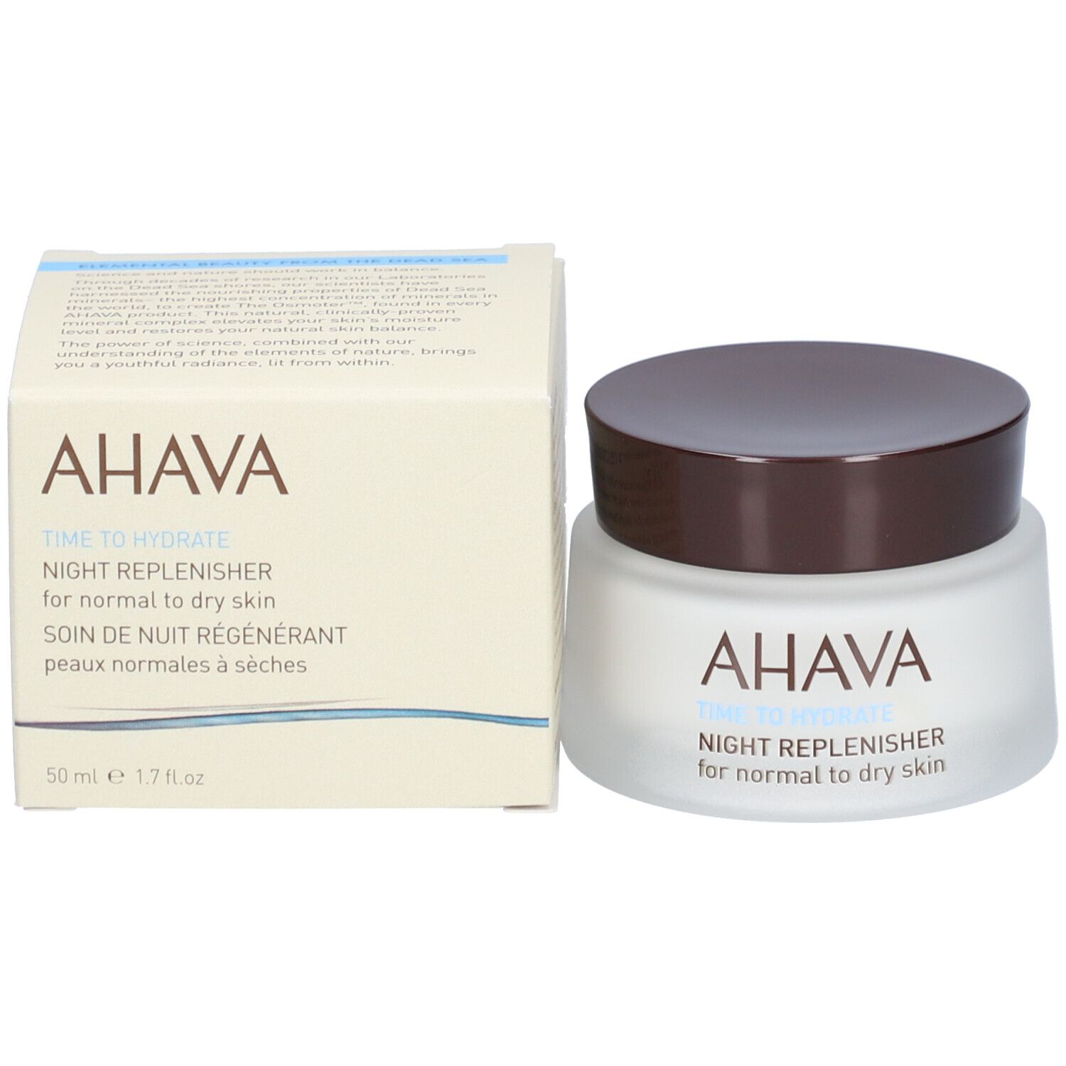 Creme-Glas und Karton. Aufschrift: AHAVA, TIME TO HYDRATE, NIGHT REPLENISHER, for normal to dry skin, 50 ml e 1.7 fl.oz.
