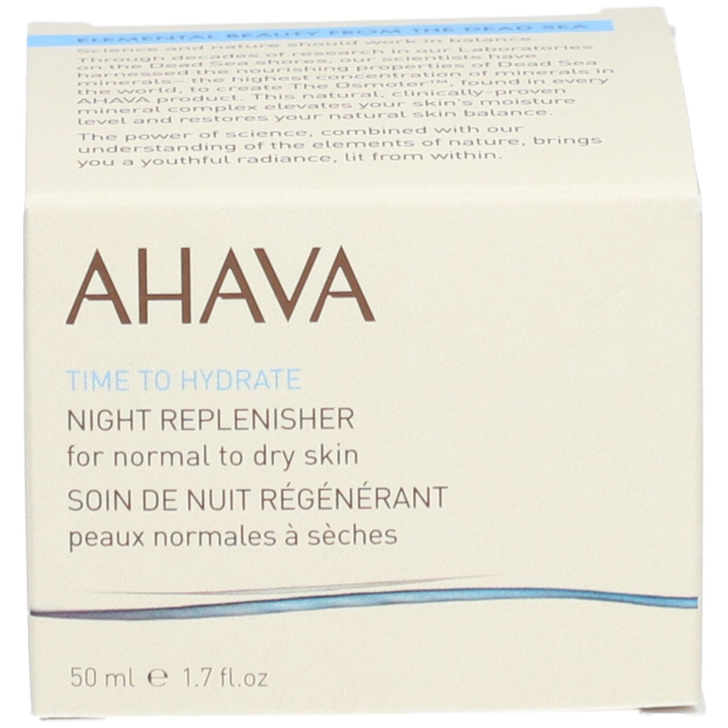 Karton. Aufschrift: AHAVA, TIME TO HYDRATE, NIGHT REPLENISHER, for normal to dry skin, 50 ml e 1.7 fl.oz.