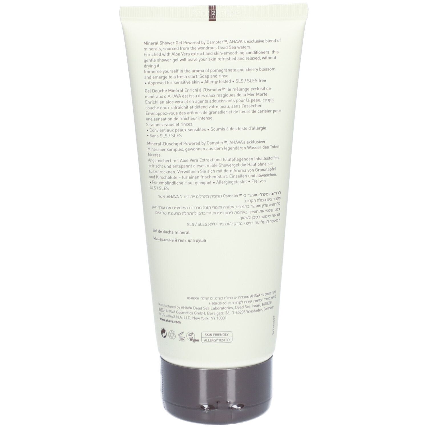 Dos du tube. Texte multilingue. Inscription : Mineral Shower Gel. Logo : Vegan, sans tests sur les animaux.