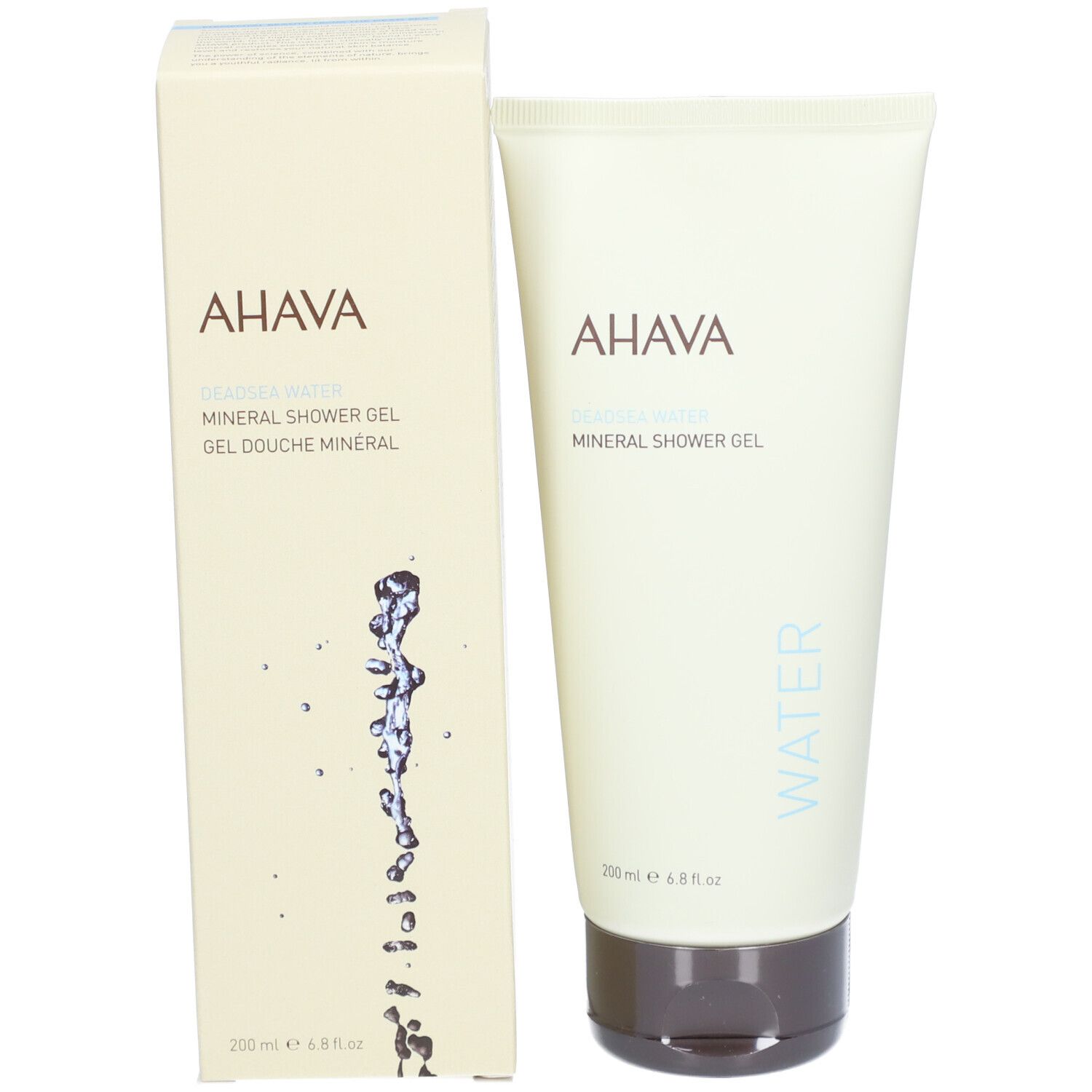 Emballage du produit avec tube et boîte. Inscription : AHAVA, Mineral Shower Gel, Gel Douche Mineral. Graphique d'eau.