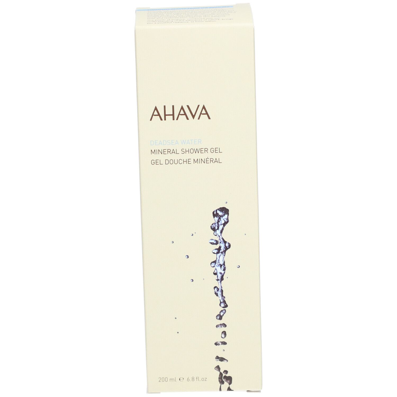 Emballage en carton. Inscription : AHAVA, Mineral Shower Gel, Gel Douche Mineral. Graphique d'eau.