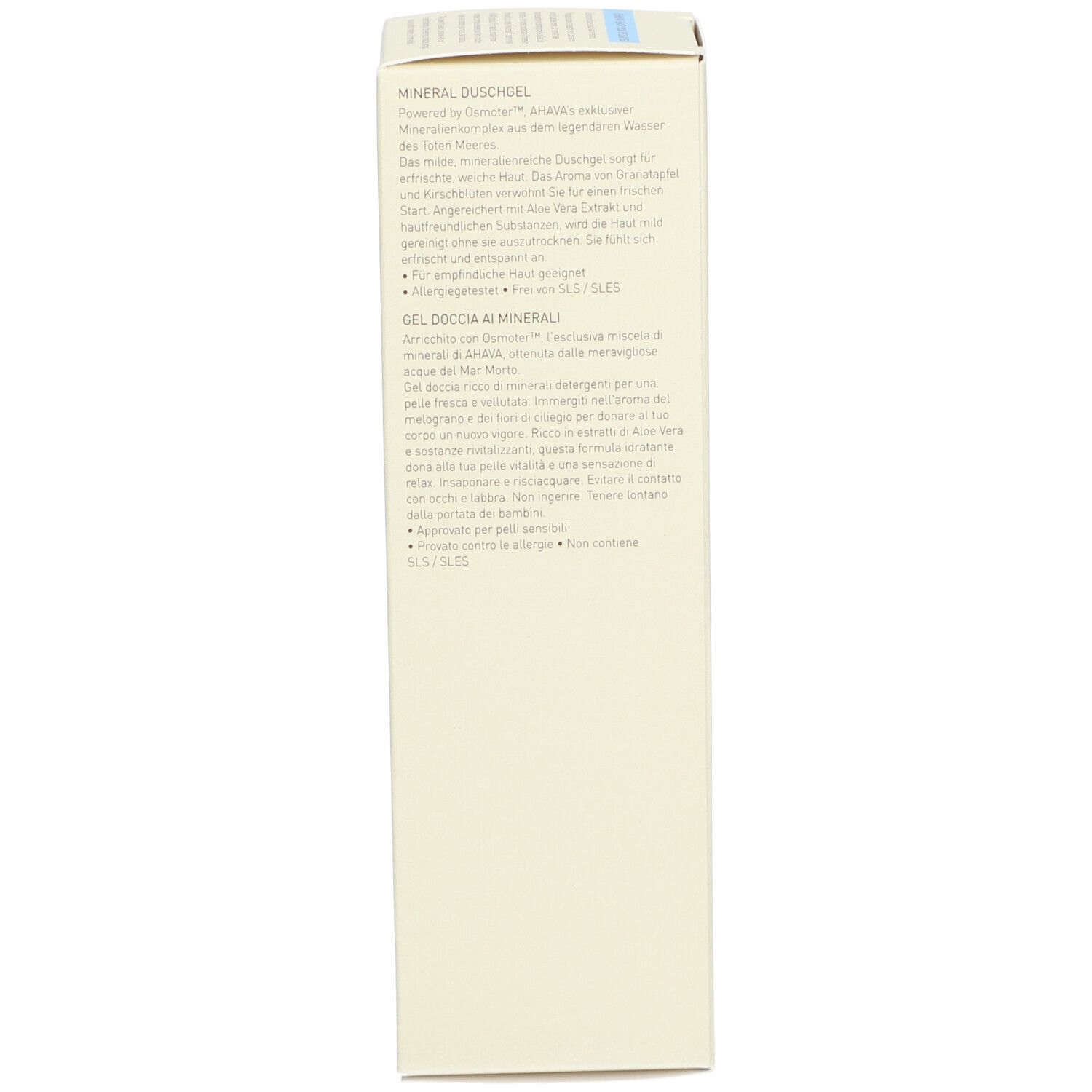 Côté de l'emballage en carton. Texte en allemand et en italien. Inscription : Mineral Dusche, Gel Doccia Minerali.