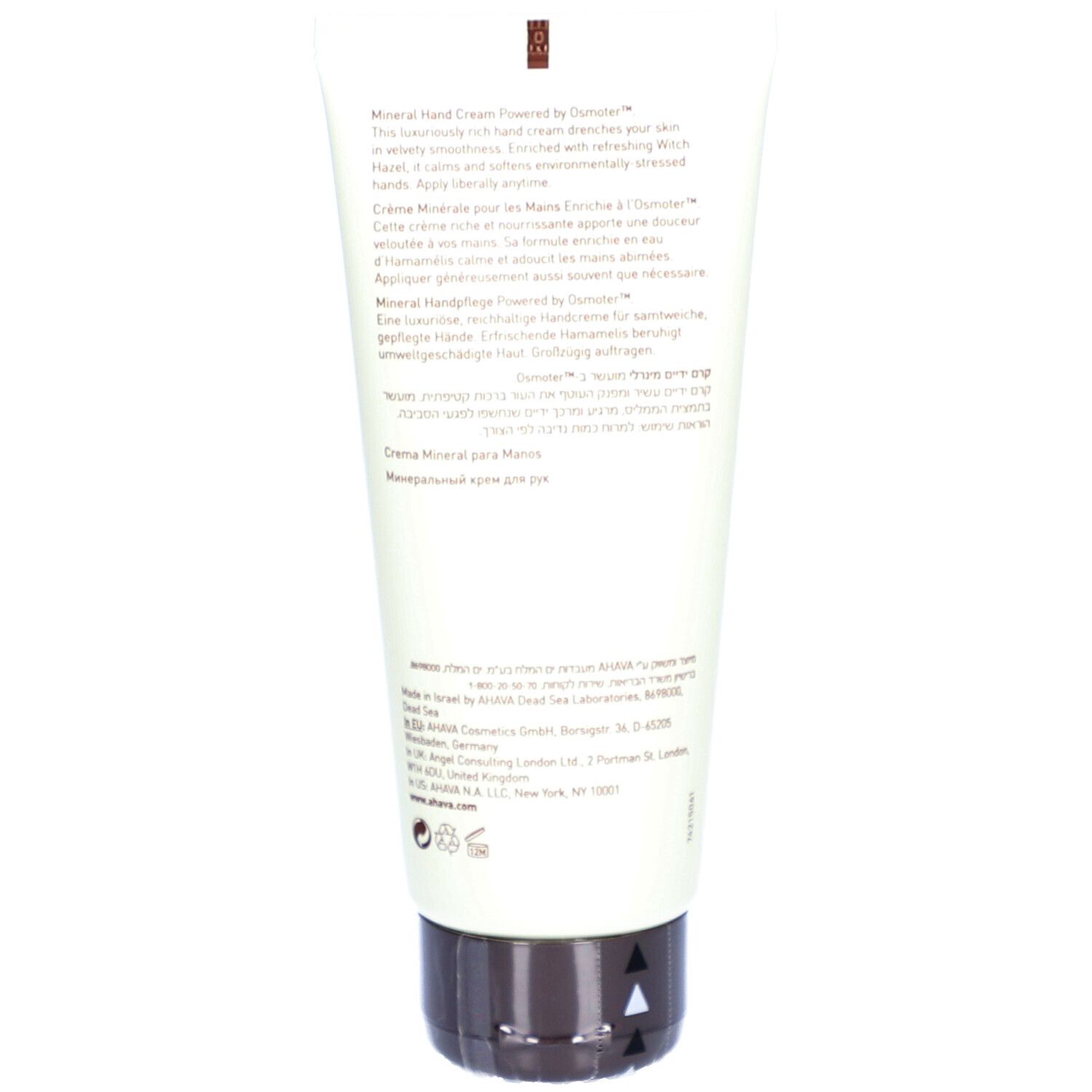 Dos du tube de crème pour les mains AHAVA. Texte multilingue. Bouchon noir. Informations sur le produit.