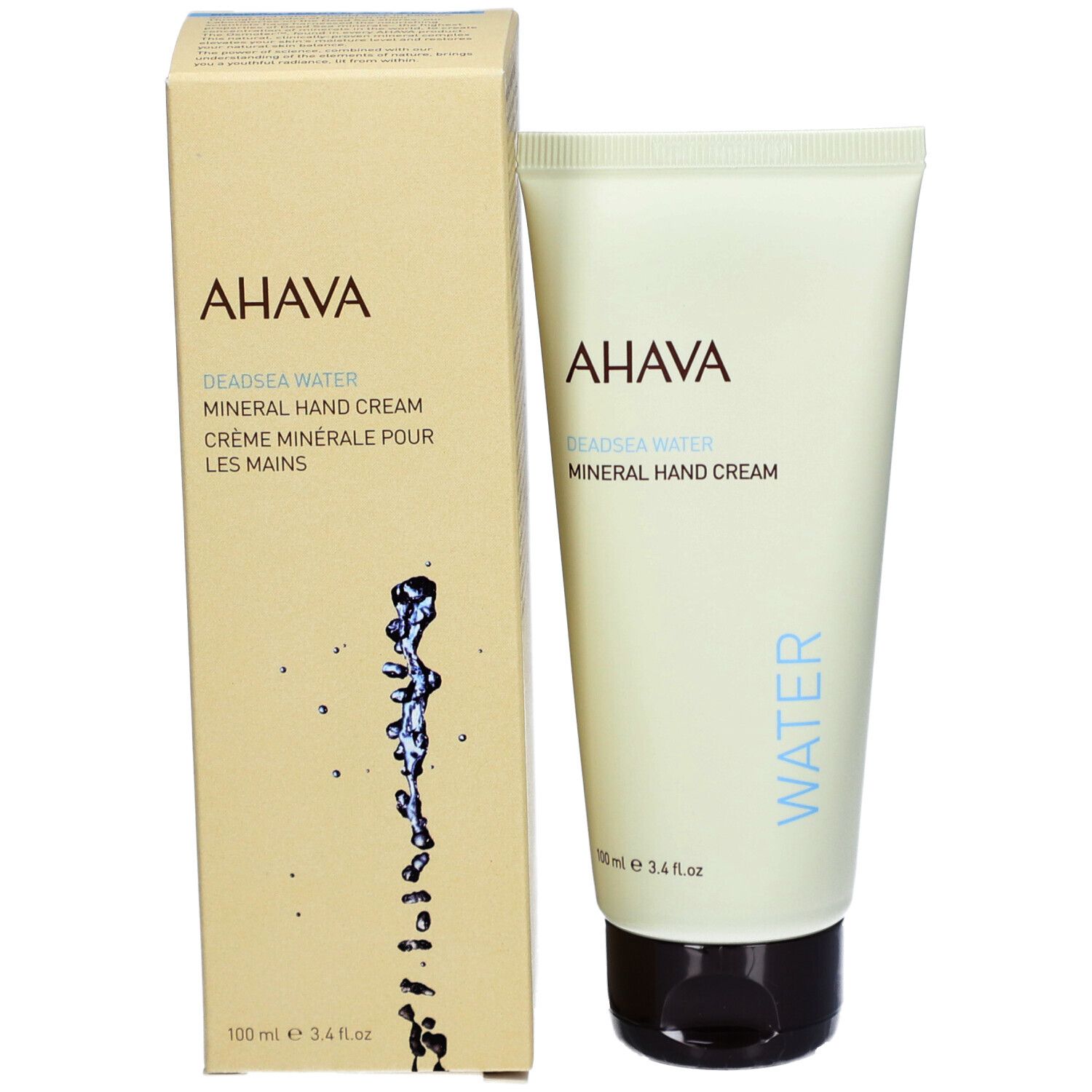 Crème pour les mains AHAVA avec emballage. Tube et boîte côte à côte. Nom et marque visibles.
