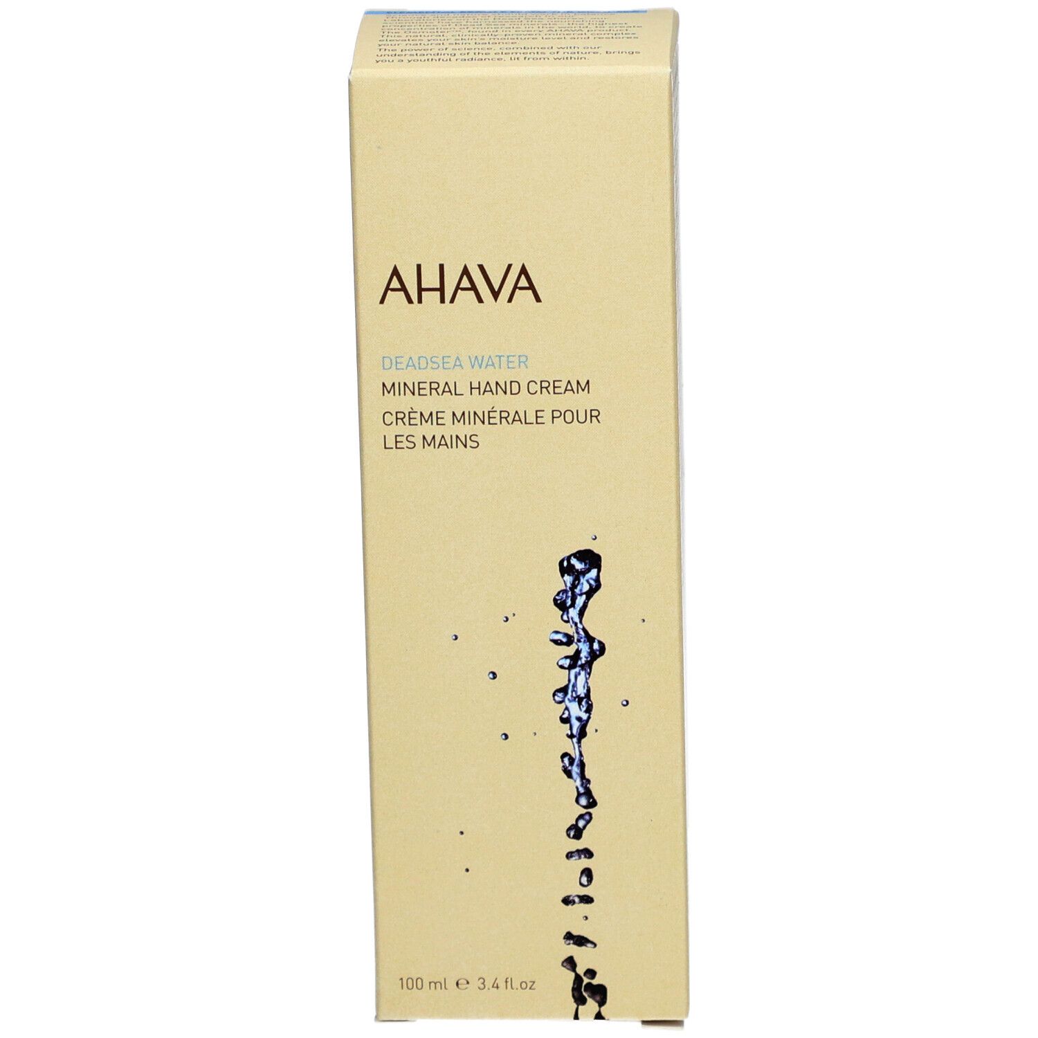 Emballage de crème pour les mains AHAVA. Boîte rectangulaire avec nom et marque. Fond beige.