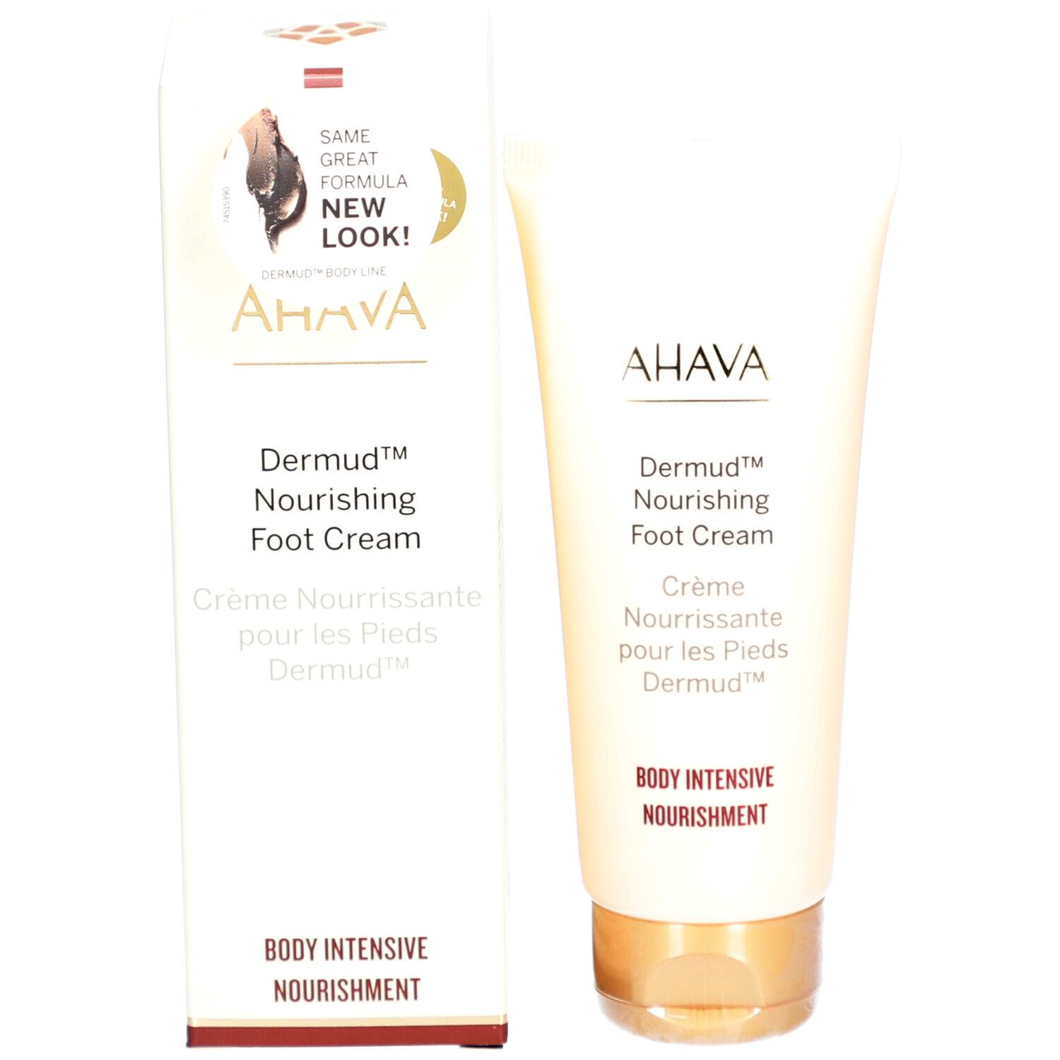 Produktverpackung mit Creme-Tube. AHAVA-Logo und Produktbezeichnung. Text: Dermud Nourishing Foot Cream. Karton und Tube.