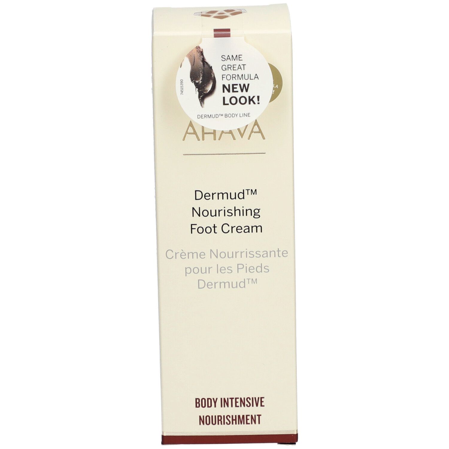 Produktverpackung. AHAVA-Logo und Produktbezeichnung. Text: Dermud Nourishing Foot Cream. Karton.