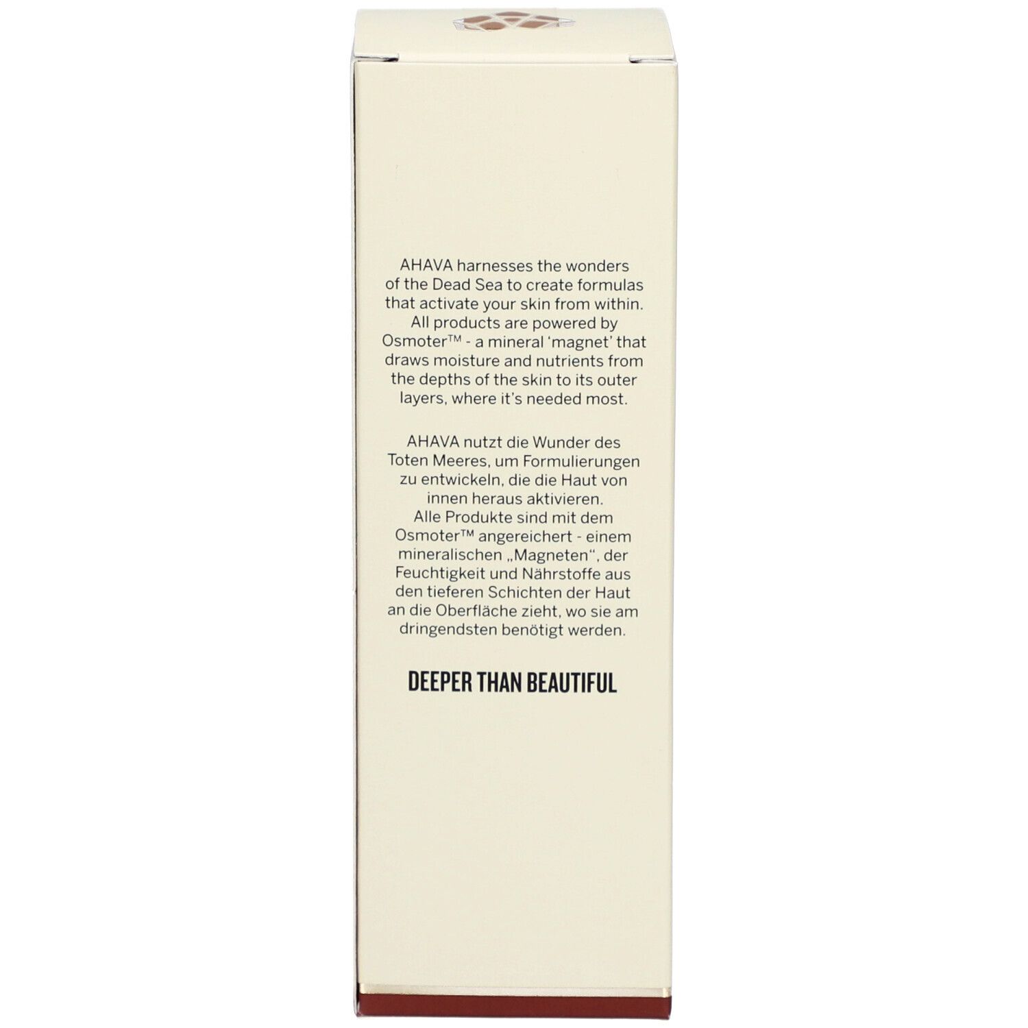 Produktverpackung. Text: AHAVA nutzt die Wunder des Toten Meeres. Karton.