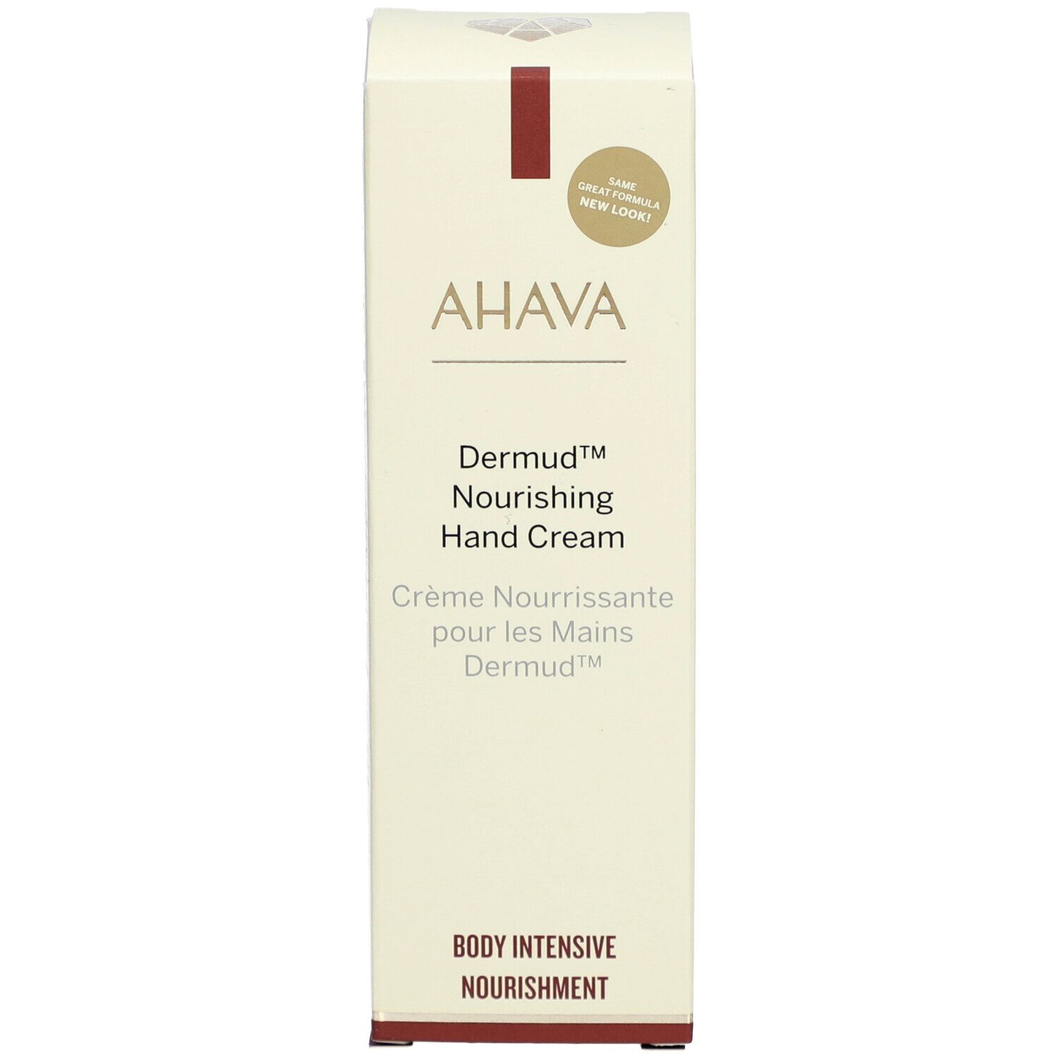 Schachtel. Text: AHAVA, Dermud Hand Cream, Crème Nourrissante. Beige und rot. Aufkleber: New Great Formula.