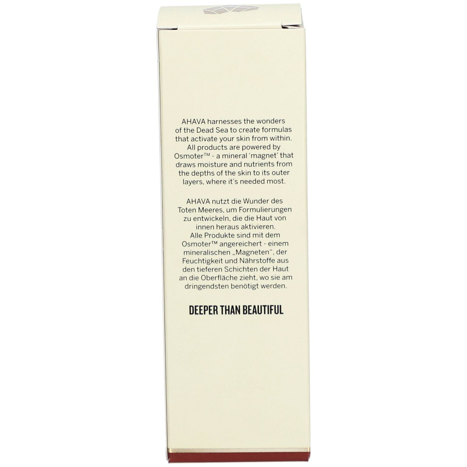 Schachtel. Text: AHAVA, Osmoter, Inhaltsstoffe. Beige und rot. Slogan: DEEPER THAN BEAUTIFUL.