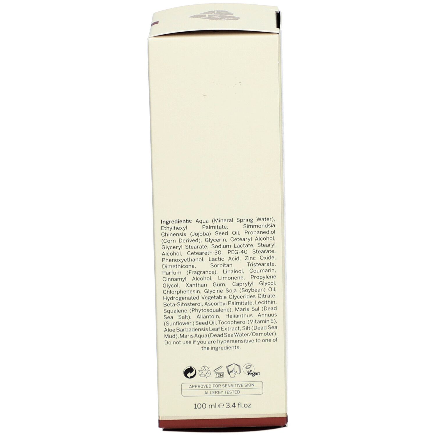 Schachtel. Text: Inhaltsstoffe, 100 ml, Approved for Sensitive Skin. Beige und rot.