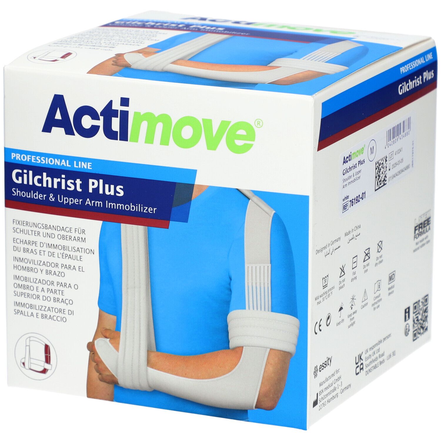 Actimove Gilchrist Plus, écharpe d'immobilisation. Boîte avec image du produit et personne le portant.