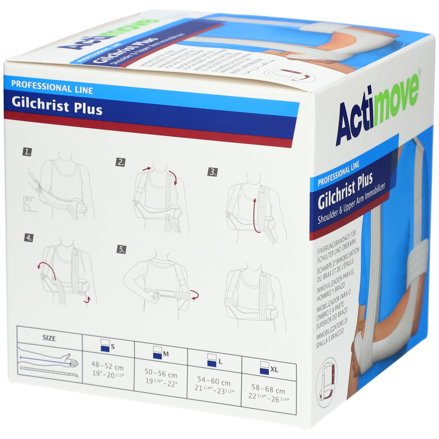 Boîte Actimove Gilchrist Plus. Dos avec illustrations d'utilisation et indications de tailles.
