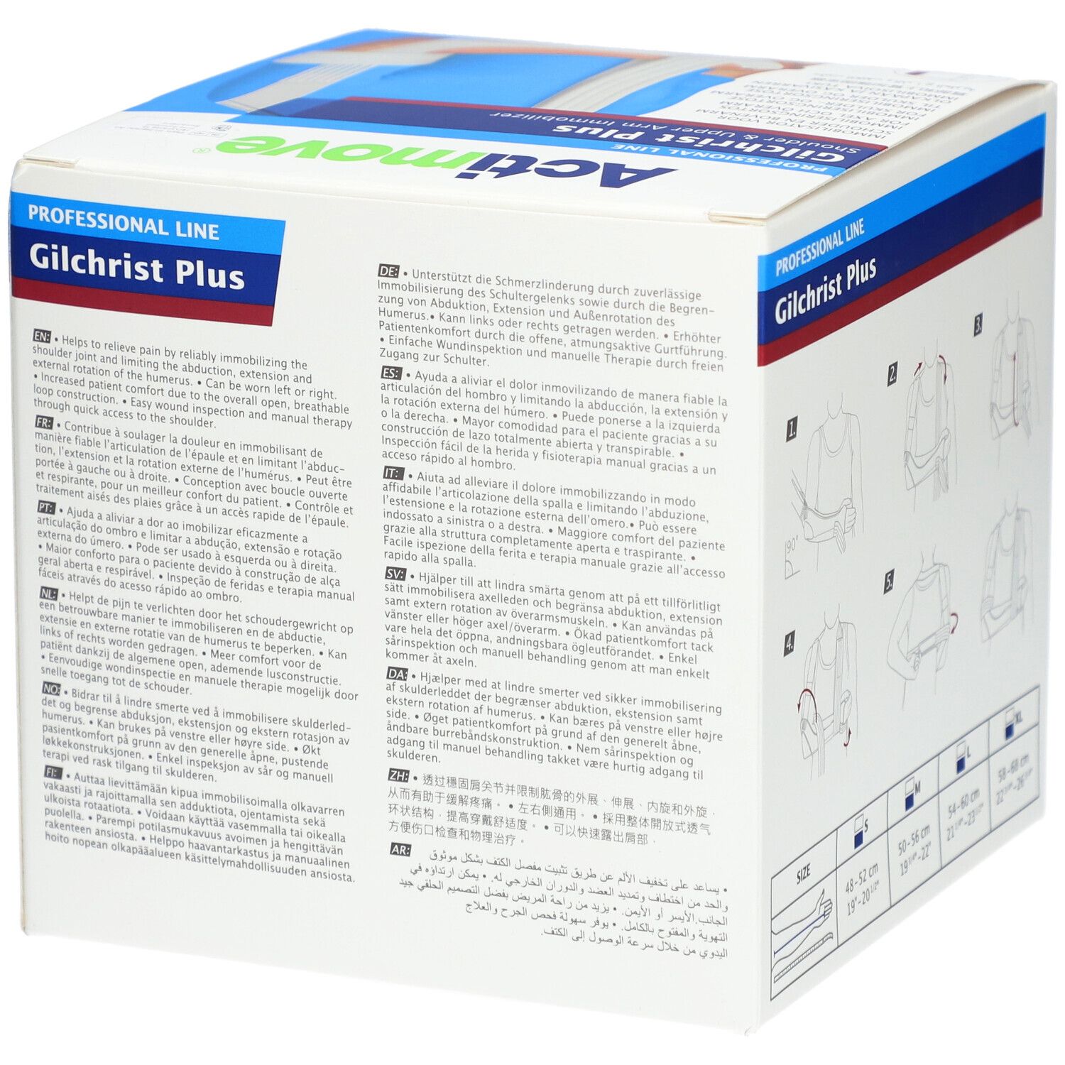 Boîte Actimove Gilchrist Plus. Texte en allemand, illustrations et indications de tailles.