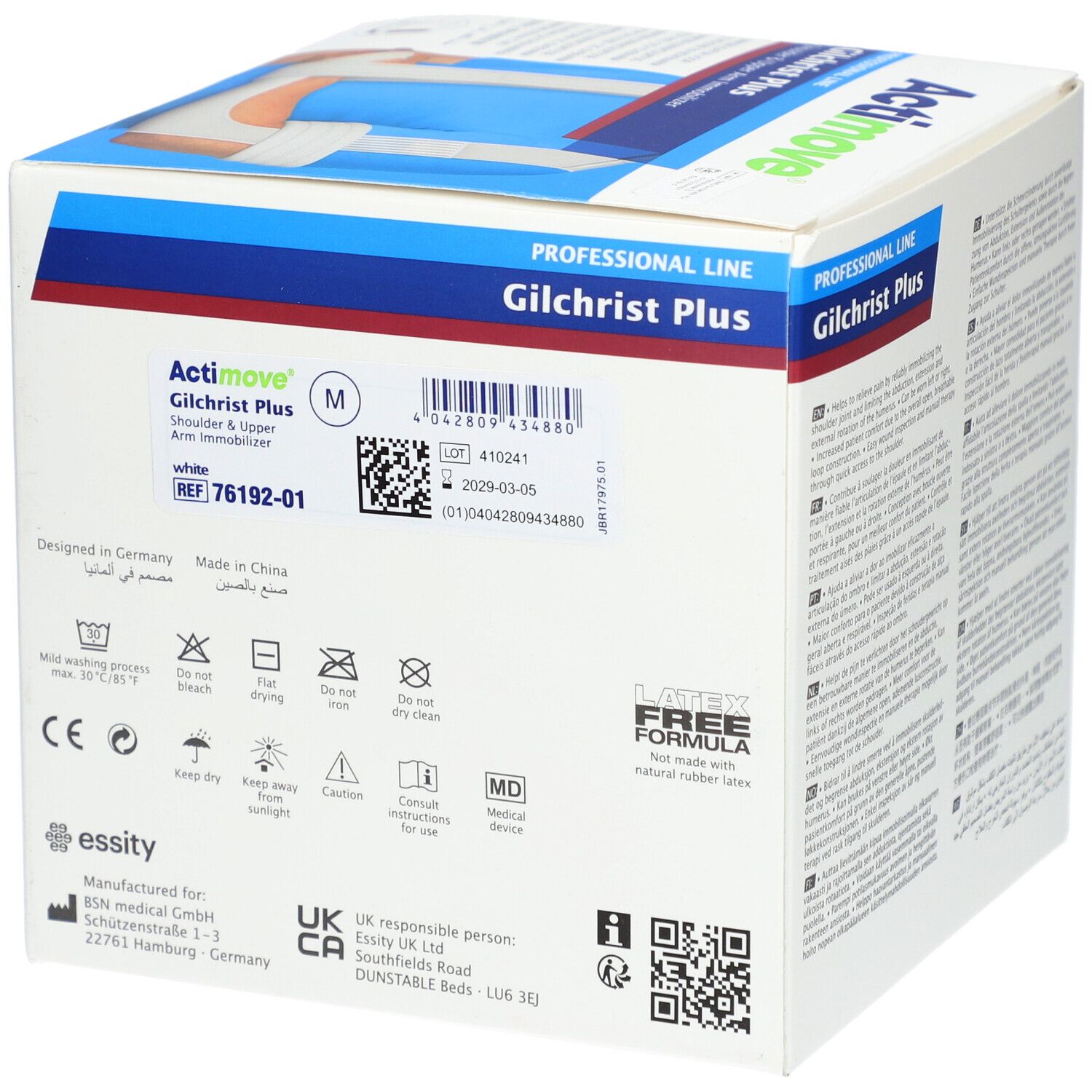 Boîte Actimove Gilchrist Plus. Informations produit, numéro de lot, sans latex.